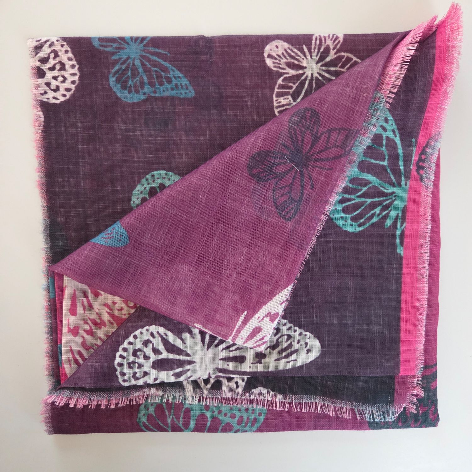 Magenta - shaded butterflies patterned -  soft fringed tichel