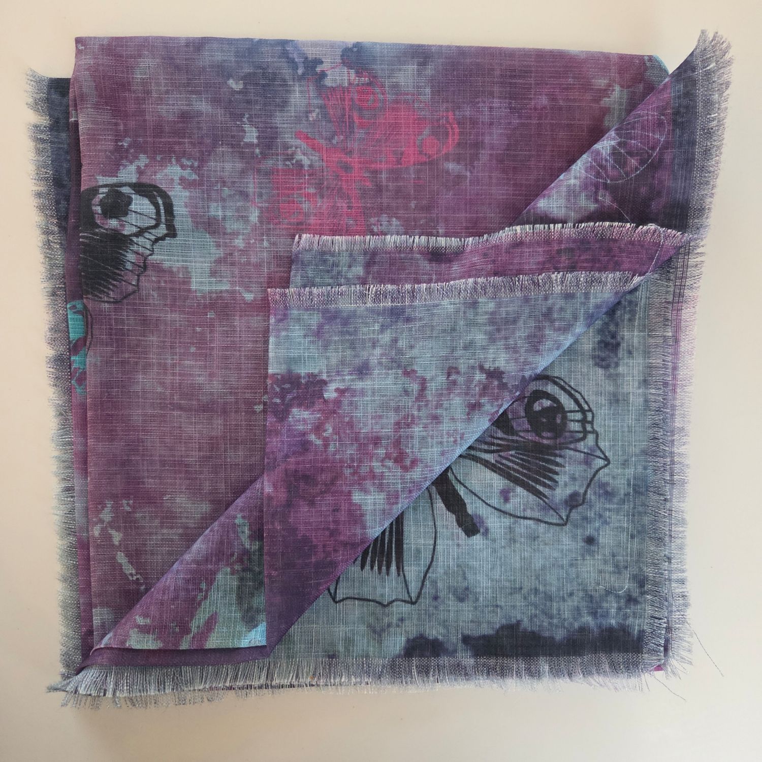 Light blue - shaded butterflies patterned -  soft fringed tichel