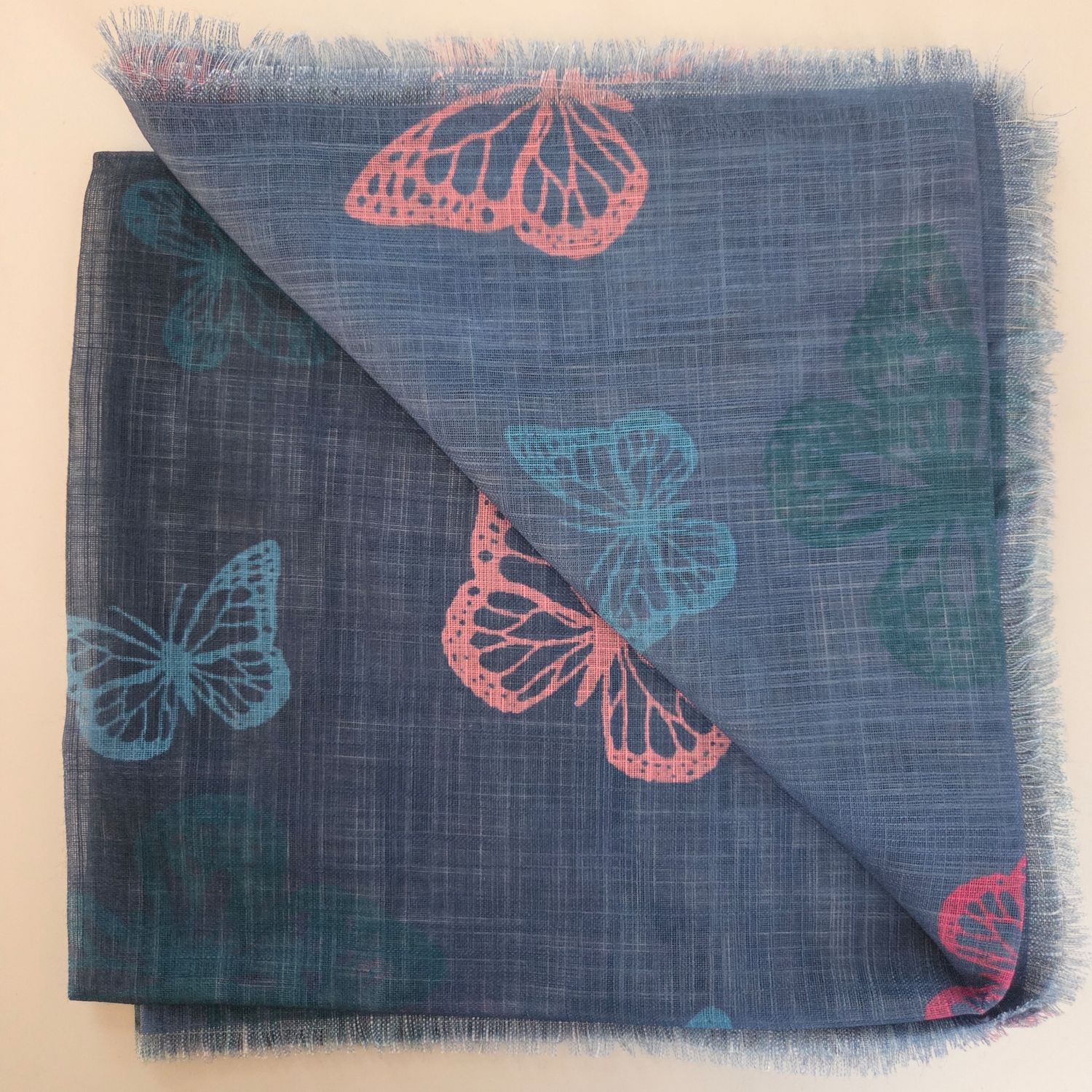 Dark blue - shaded butterflies patterned -  soft fringed tichel