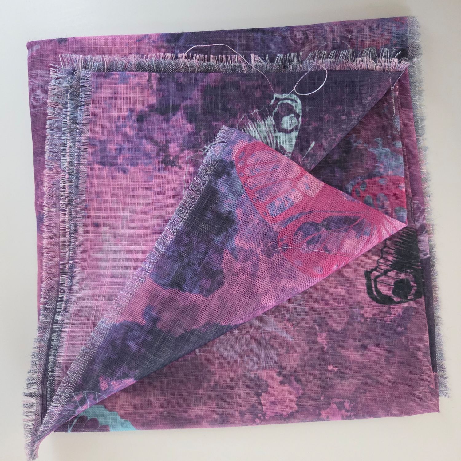 Pink - shaded butterflies patterned -  soft fringed tichel