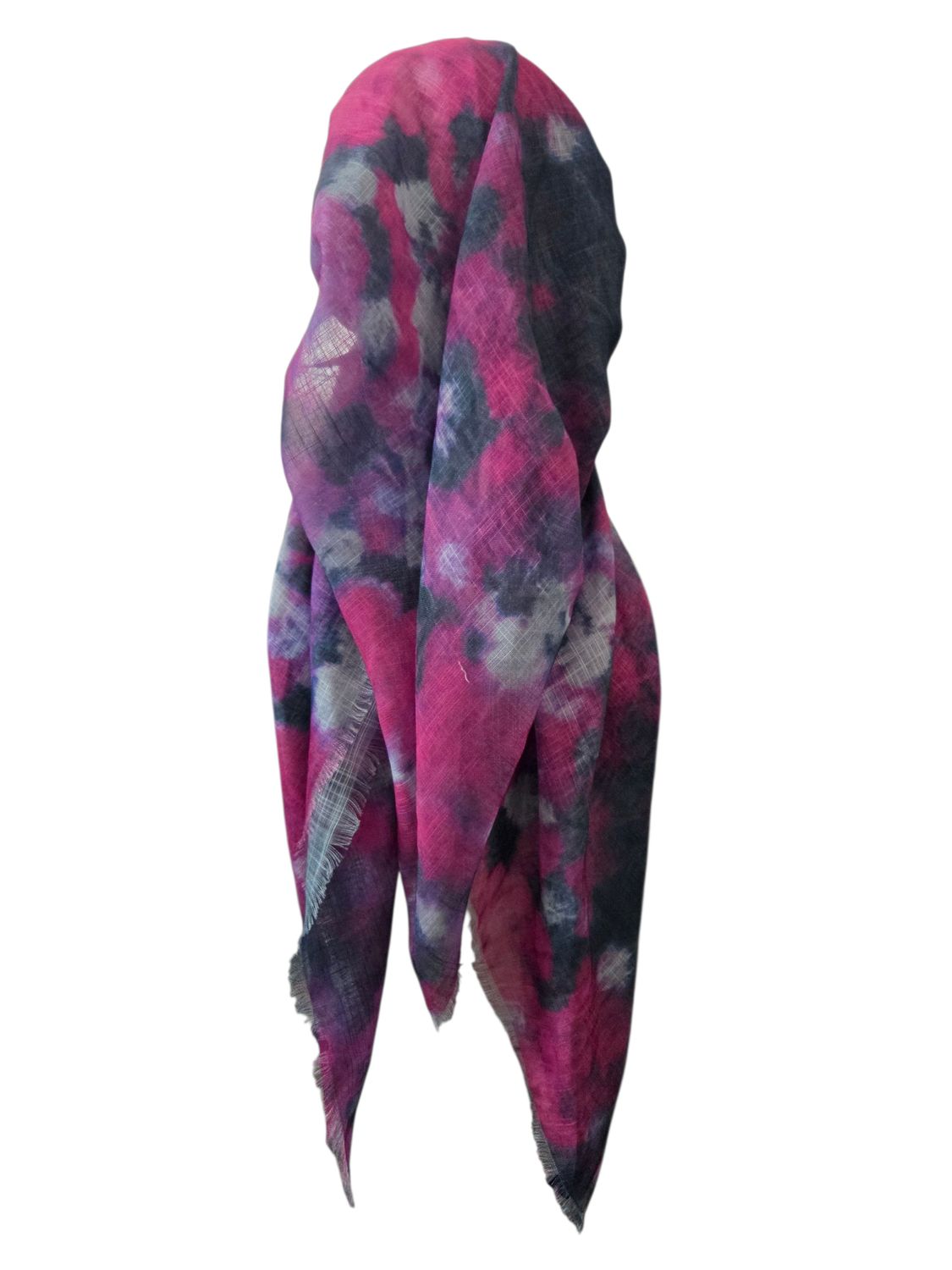 Multicolored/hot pink - long kerchief back - soft fringes pretied tichel (BBS) w/band sewn in