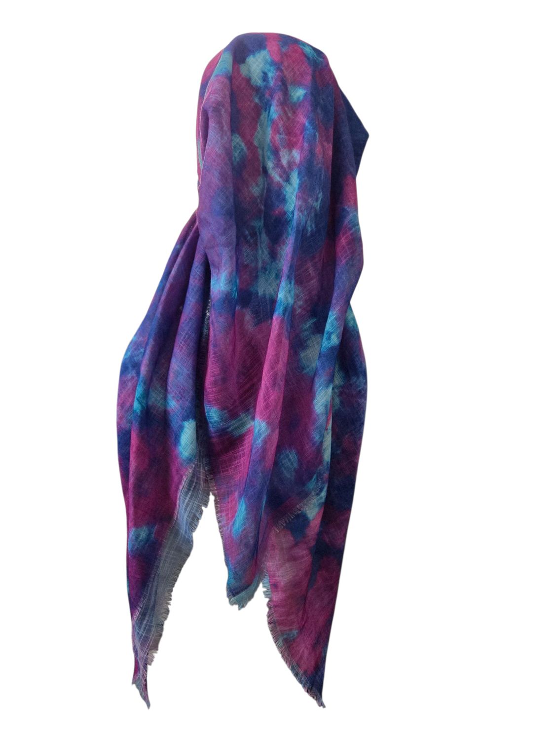 Multicolored/aqua - long kerchief back - soft fringes pretied tichel (BBS) w/band sewn in