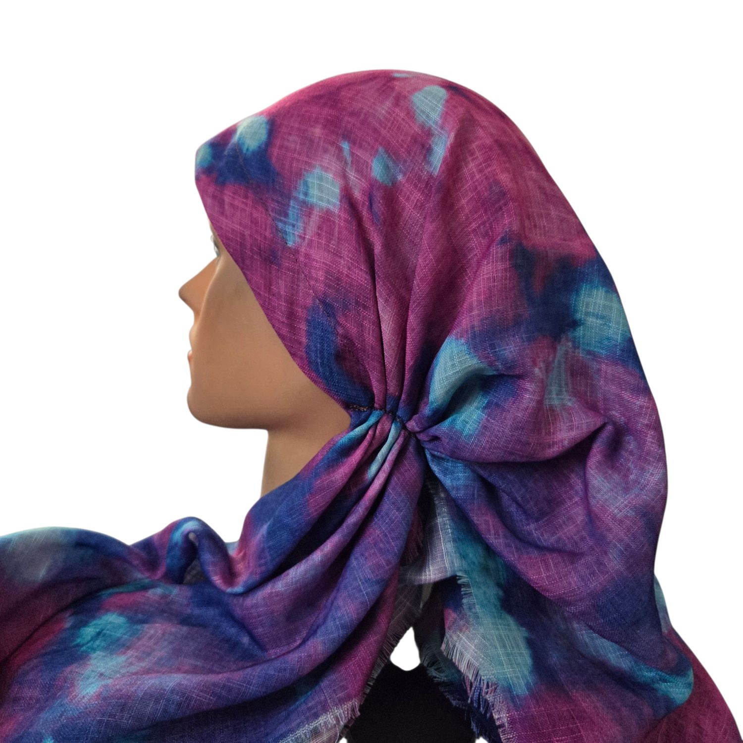 Multicolored/aqua - long kerchief back - soft fringes pretied tichel (BBS) w/band sewn in