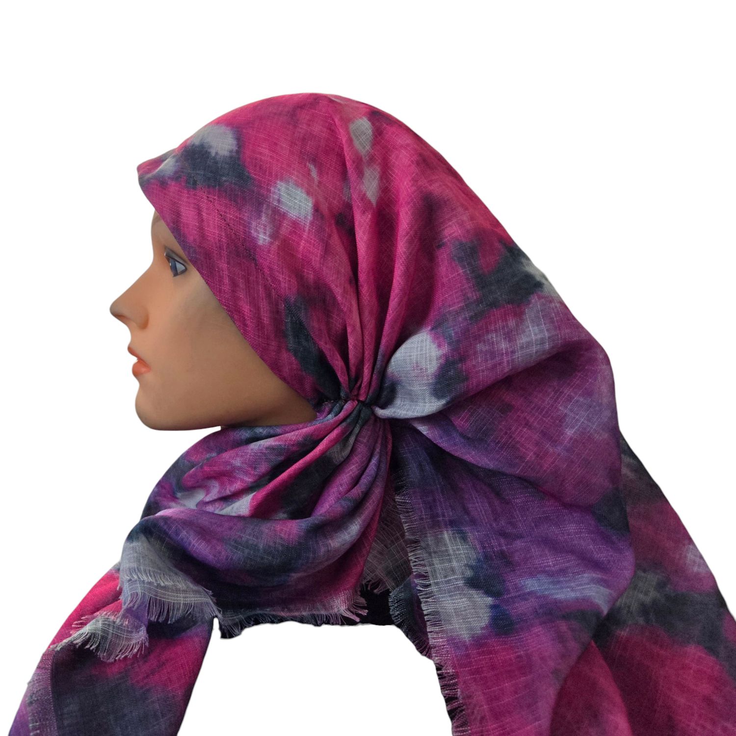 Multicolored/hot pink - long kerchief back - soft fringes pretied tichel (BBS) w/band sewn in