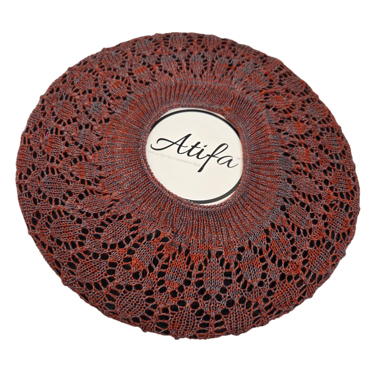 Rust/gray Lined Beret Snood (without adjustable pull tab)