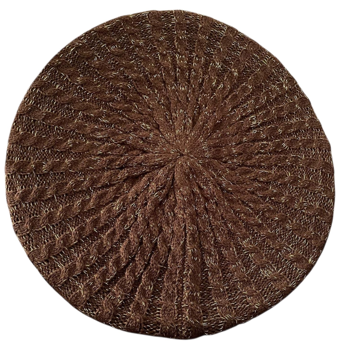 Brown w/gold threads cable snood/beret