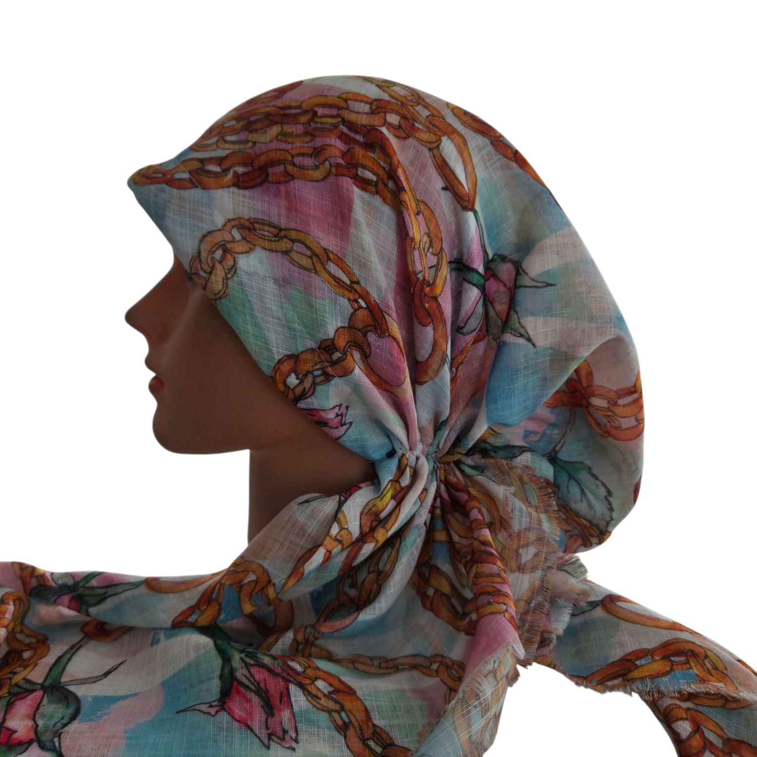 White/greens w/pink flowers n' chains - soft fringes pretied tichel