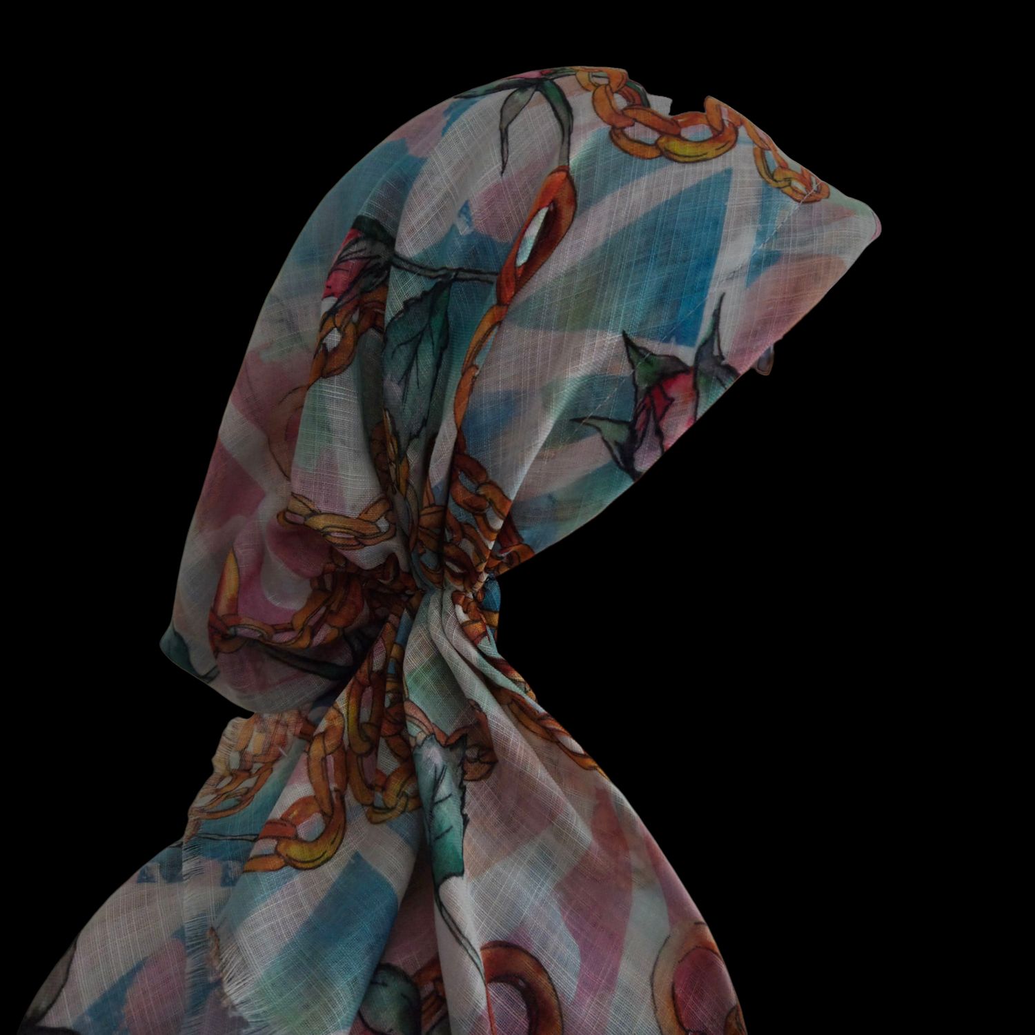 White/greens w/pink flowers n' chains - soft fringes pretied tichel