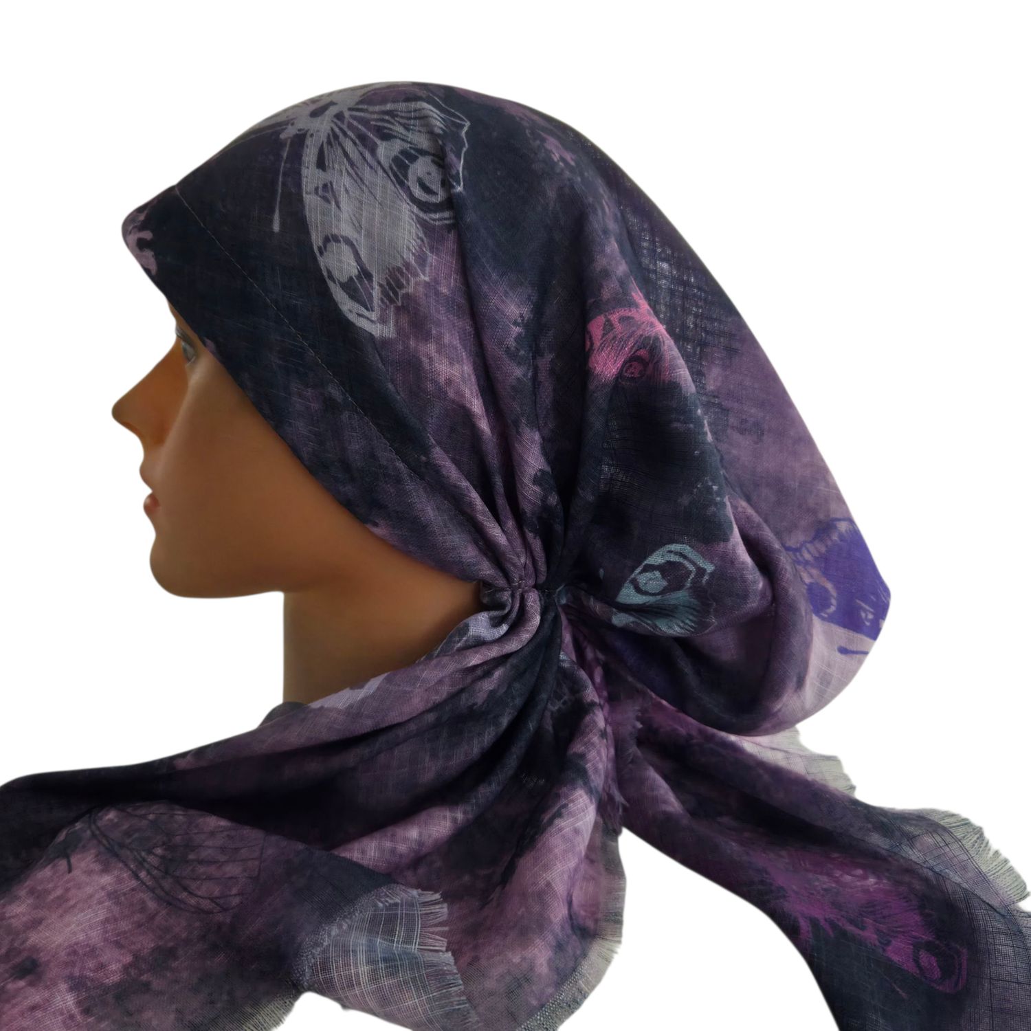 Pink/purple/gray shaded w/butterflies - soft fringes pretied tichel