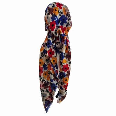 Blue seasonally colored floral - soft fringes pretied tichel