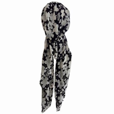 Black/white seasonally colored floral - soft fringes pretied tichel