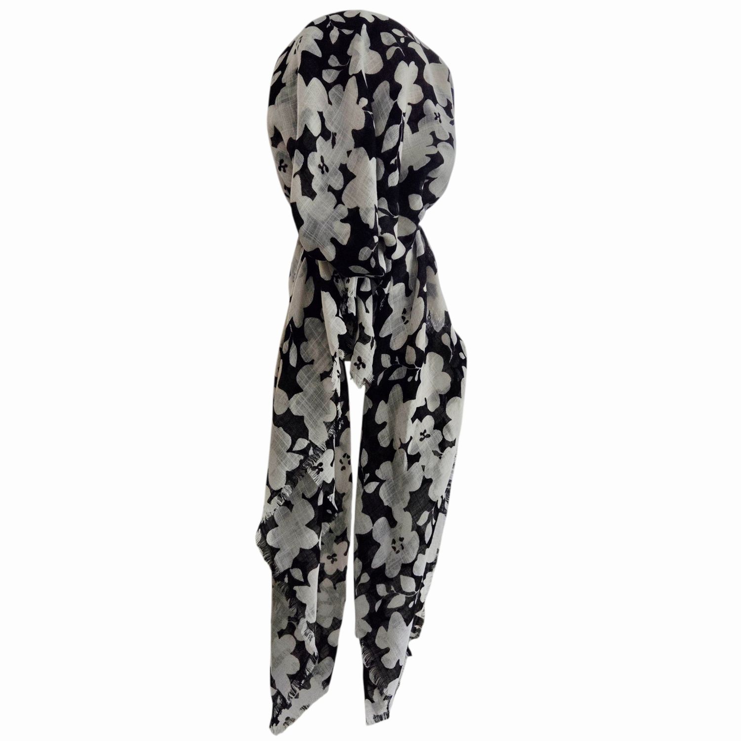 Black/white seasonally colored floral - soft fringes pretied tichel
