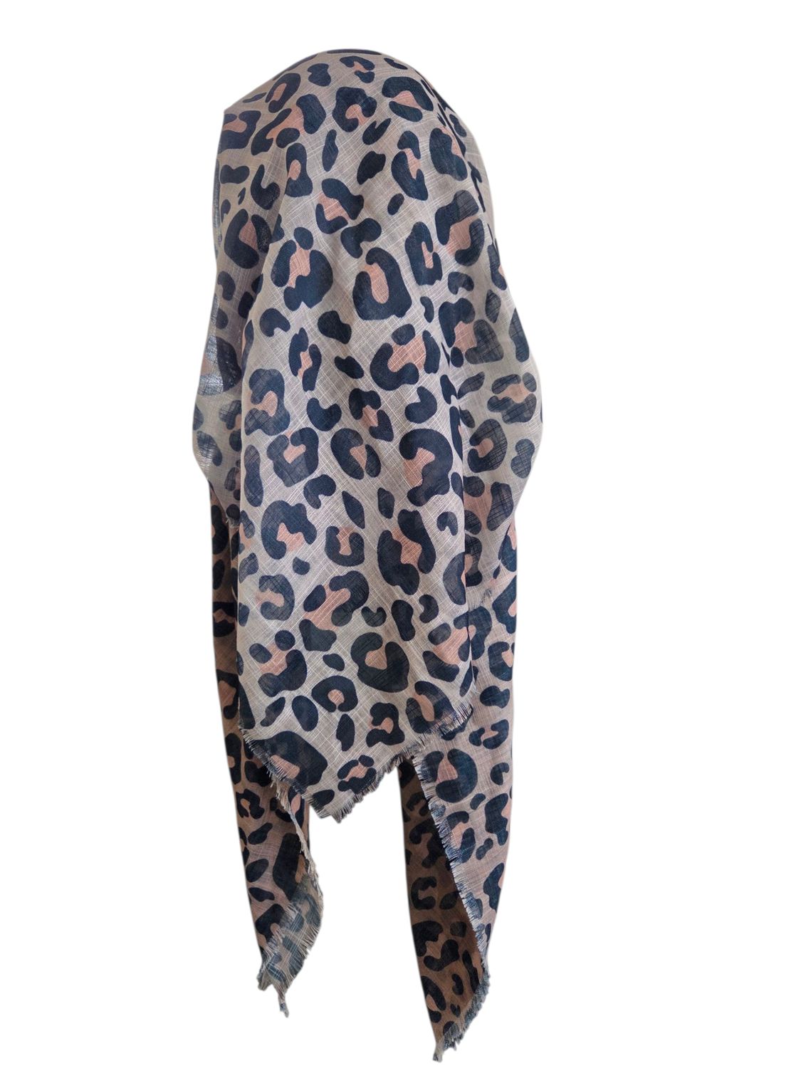 Tans shaded leopard - long back pre-tied kerchief w/band sewn in  -  soft fringed edges material