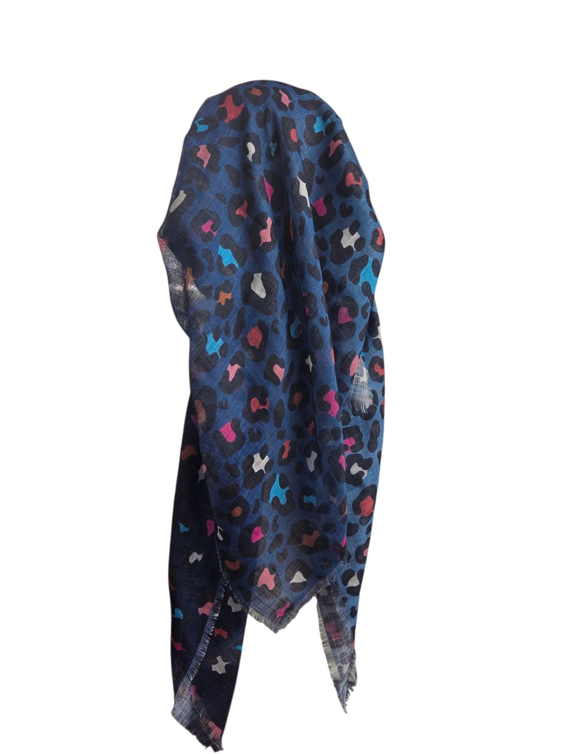 Blue shaded leopard - long back pre-tied kerchief w/band sewn in  -  soft fringed edges material