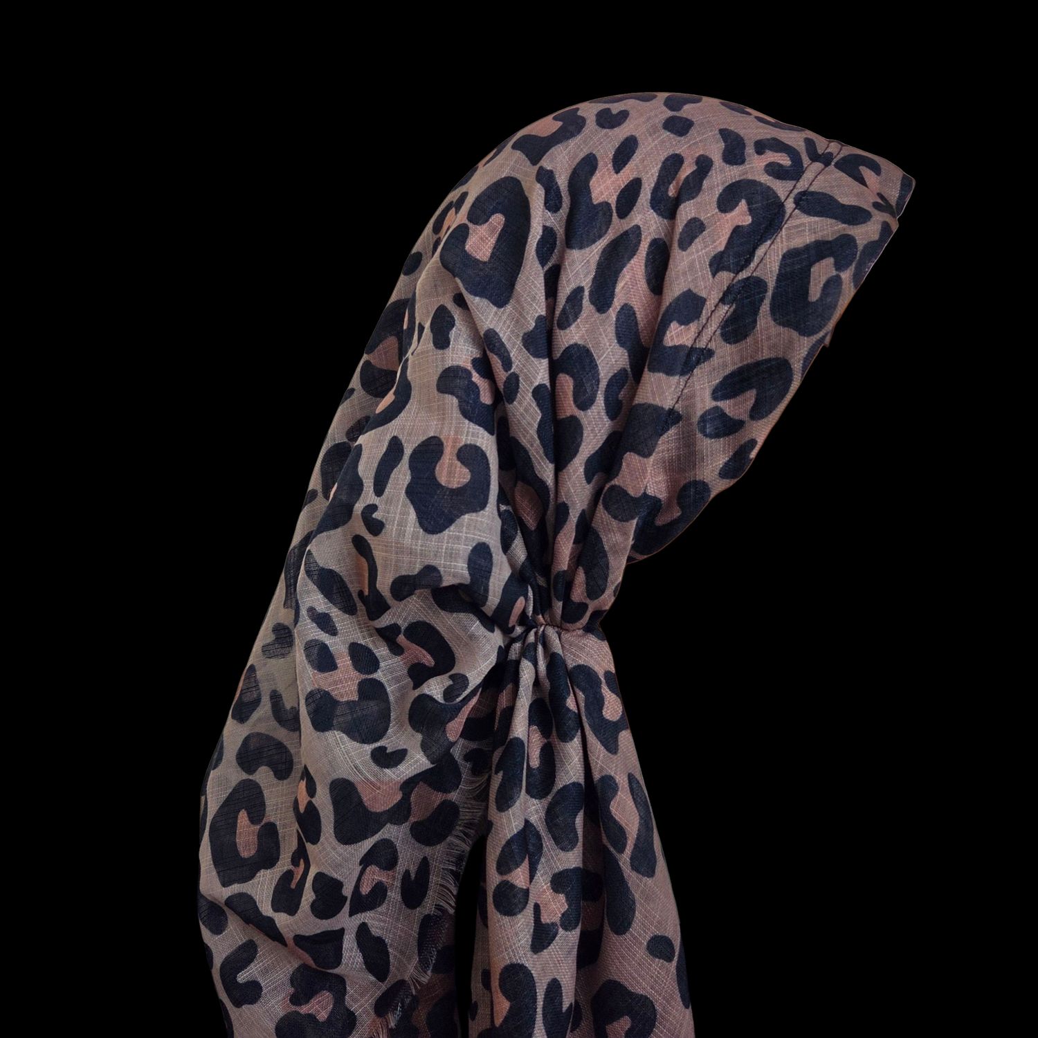Tans shaded leopard - long back pre-tied kerchief w/band sewn in  -  soft fringed edges material