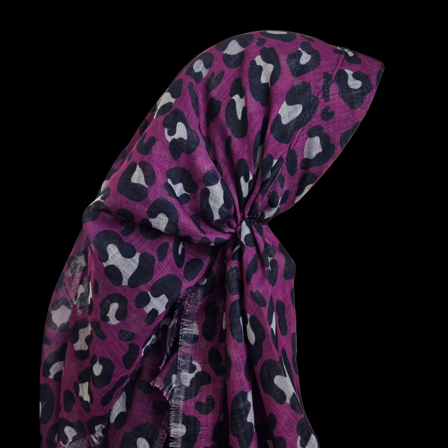 Wine shaded leopard - long back pre-tied kerchief w/band sewn in  -  soft fringed edges material