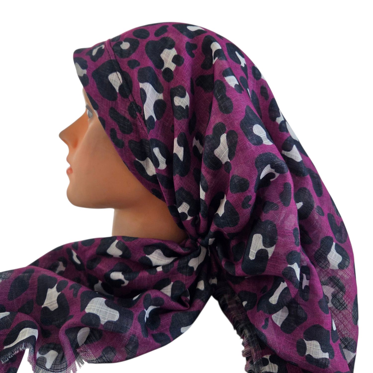 Wine shaded leopard - long back pre-tied kerchief w/band sewn in  -  soft fringed edges material