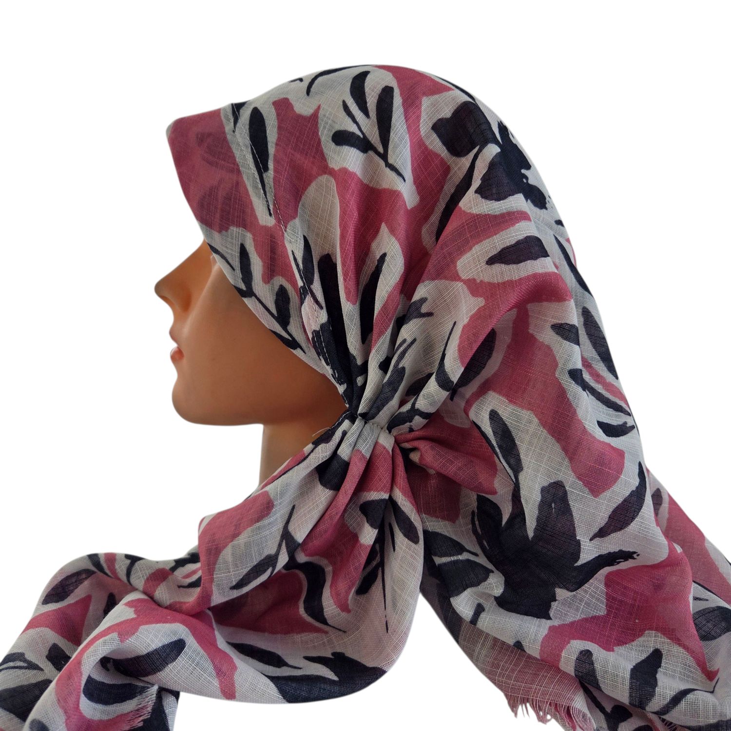 Pink leaves - long back pre-tied kerchief w/band sewn in  -  soft fringed edges material