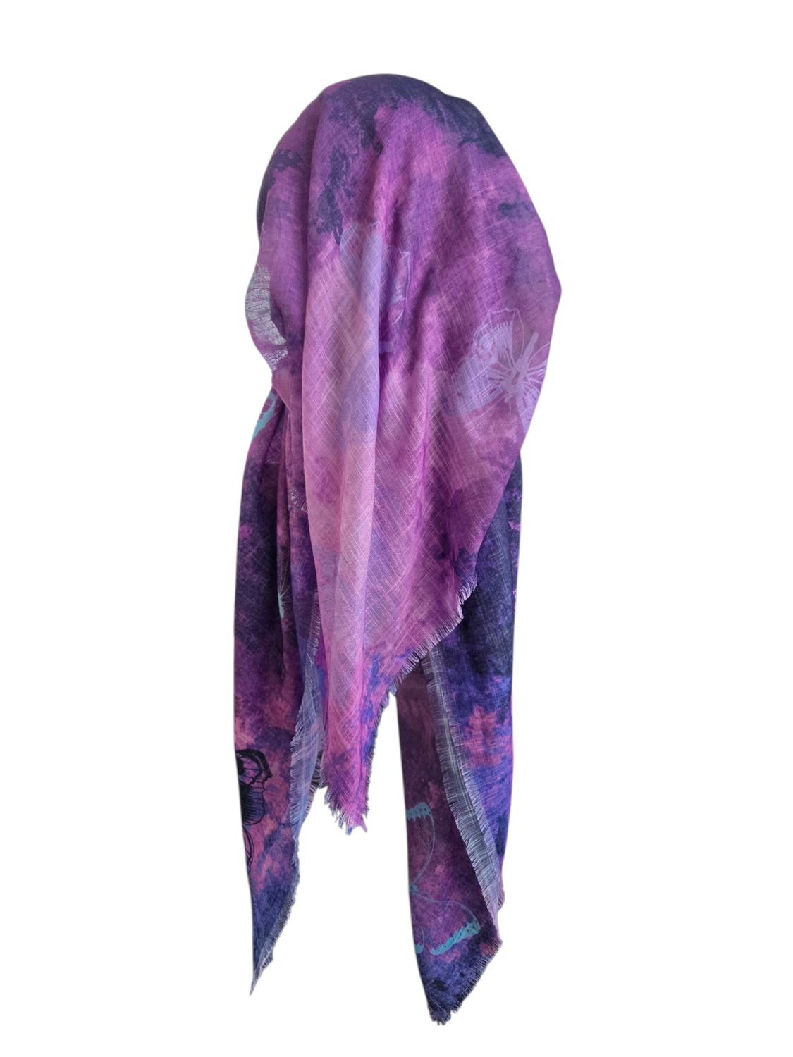 Pinks/purples shaded butterflies - long back pre-tied kerchief w/band sewn in  -  soft fringed edges material