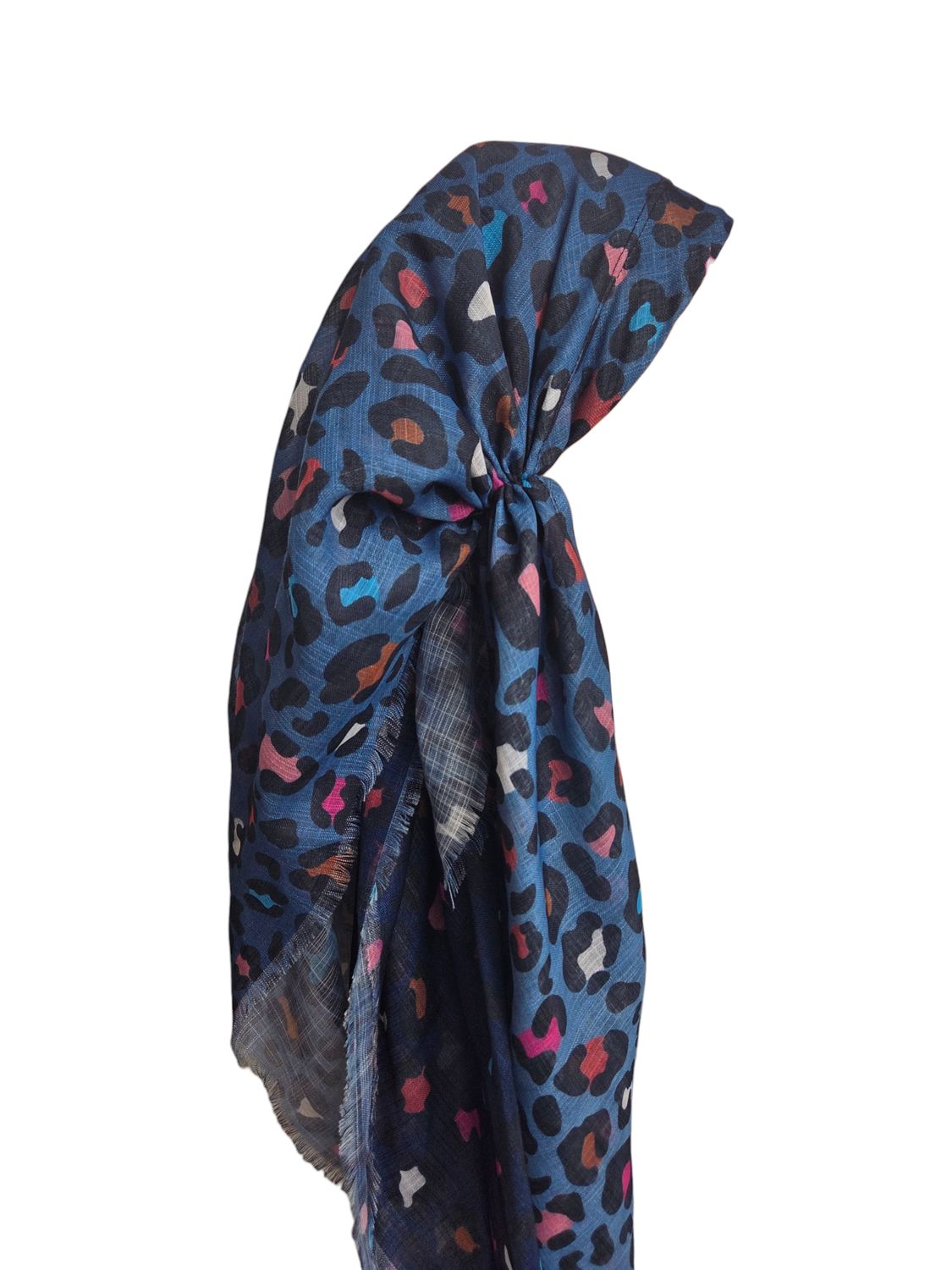 Blue/denim shaded leopard - long back pre-tied kerchief w/band sewn in  -  soft fringed edges material