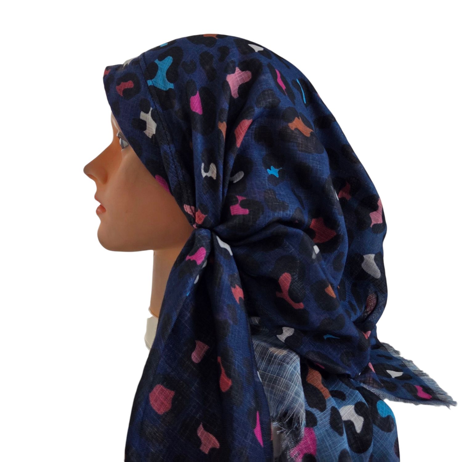 Blue/denim shaded leopard - long back pre-tied kerchief w/band sewn in  -  soft fringed edges material