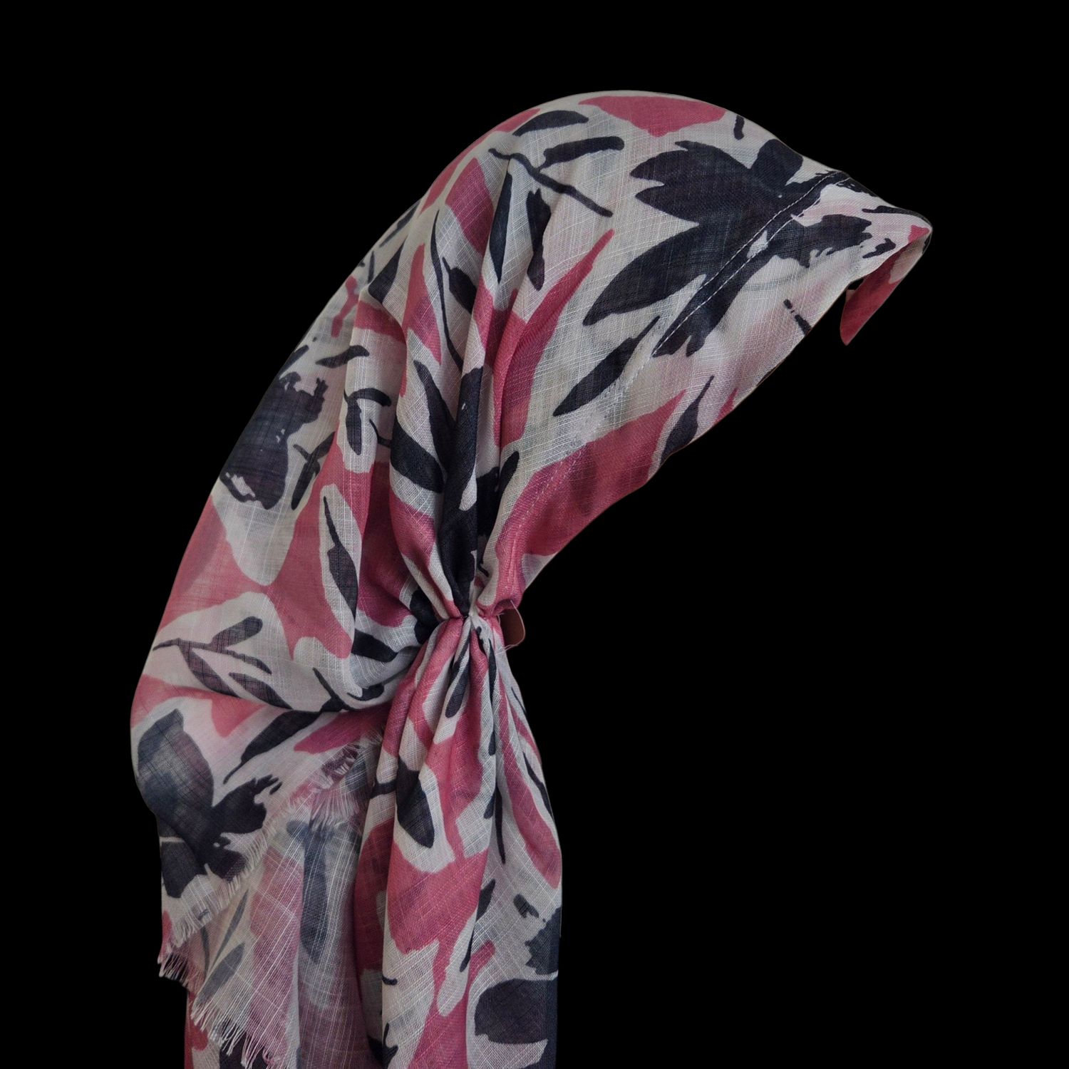 Pink leaves - long back pre-tied kerchief w/band sewn in  -  soft fringed edges material
