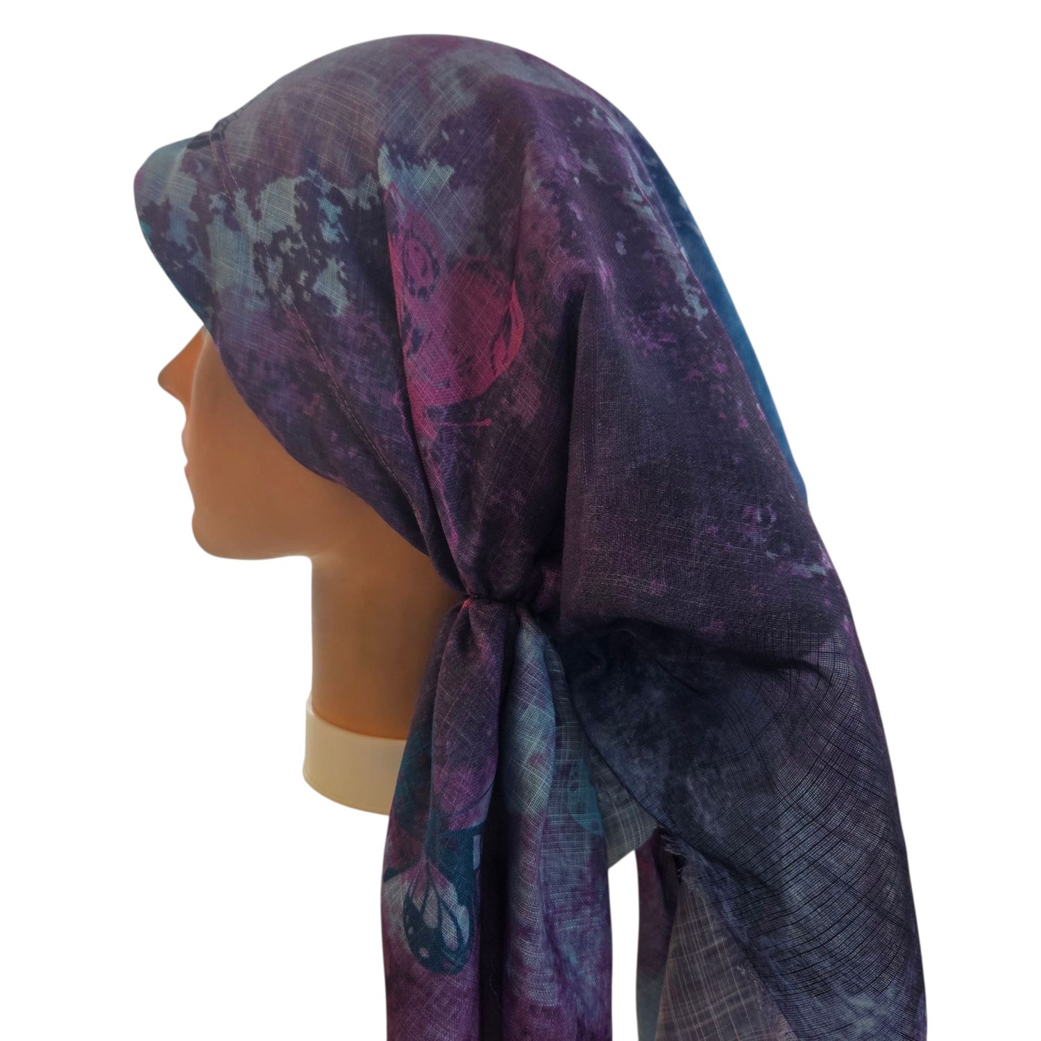 Blues/purples shaded butterflies - long back pre-tied kerchief w/band sewn in  -  soft fringed edges material