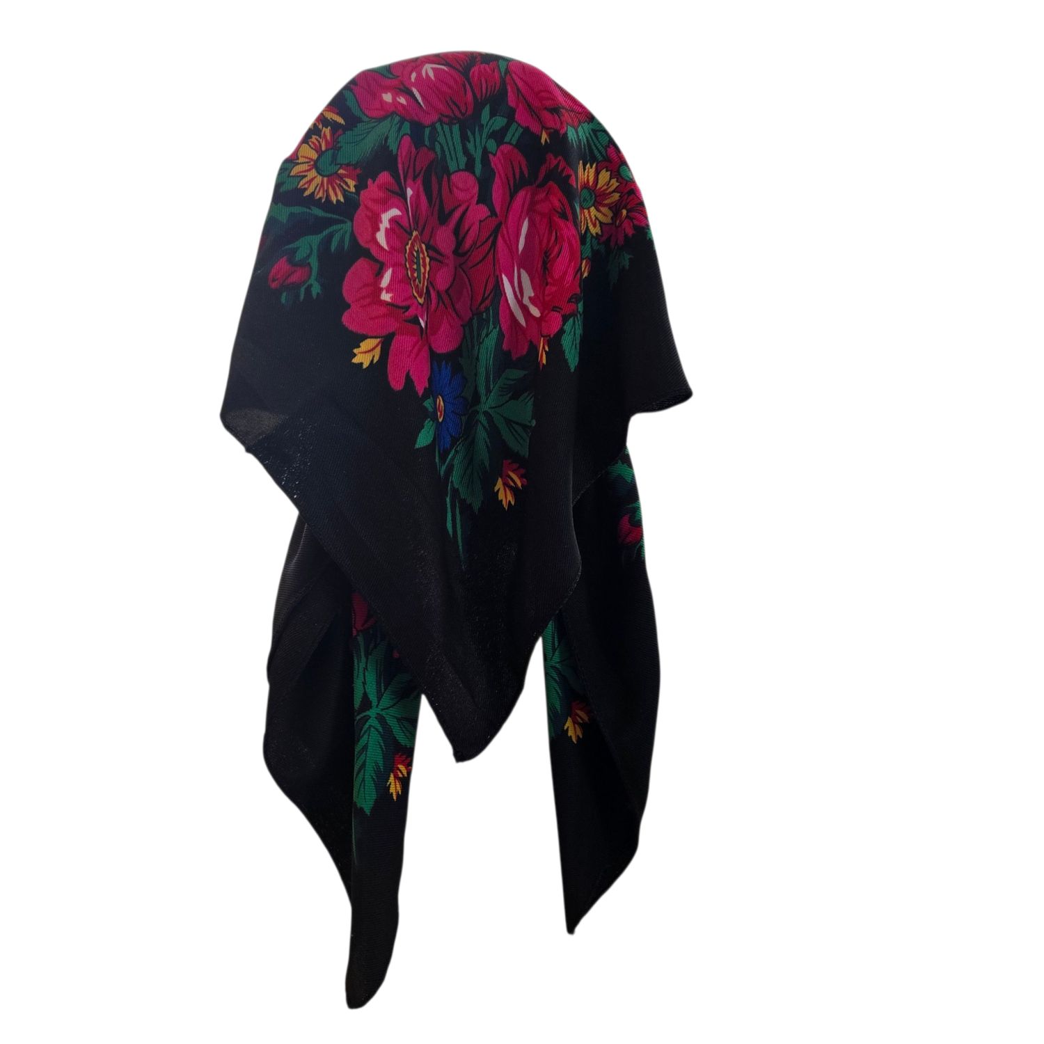 Black long center back - pre-tied kerchief w/band sewn in  -  Vintage tichel