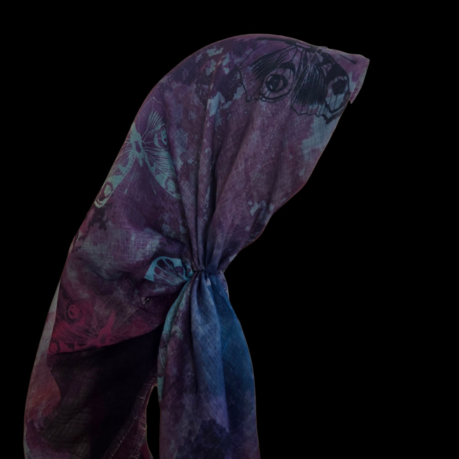 Blues/purples shaded butterflies - long back pre-tied kerchief w/band sewn in  -  soft fringed edges material