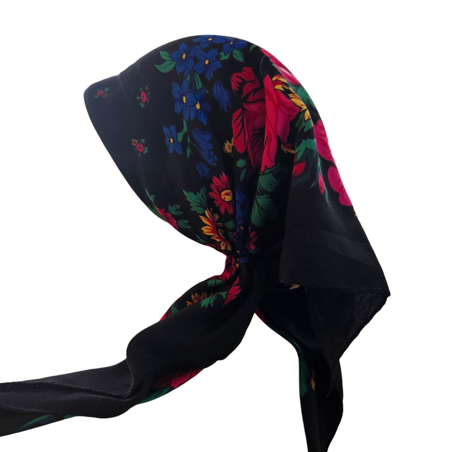 Black long center back - pre-tied kerchief w/band sewn in  -  Vintage tichel