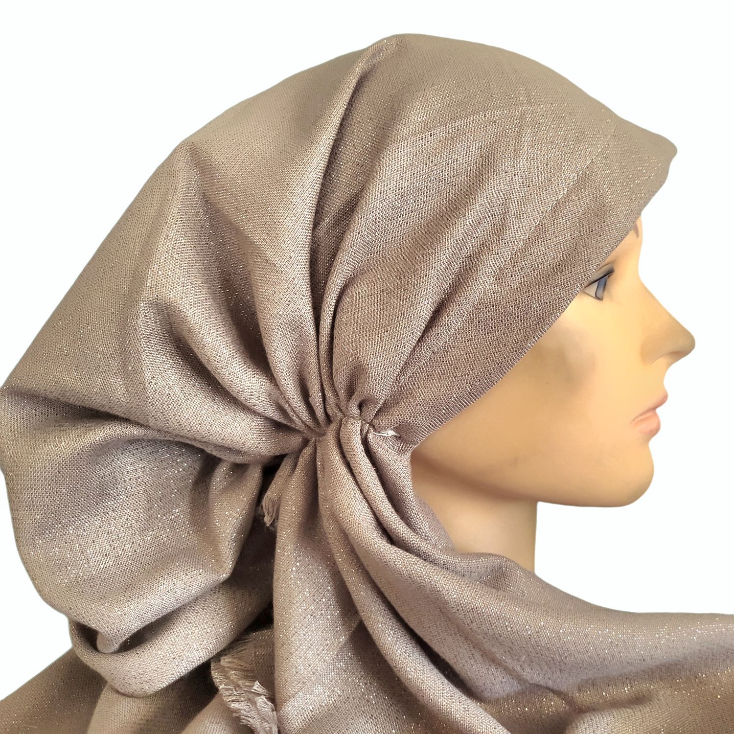 Light Taupe w/silver shimmer  - soft fringes pretied tichel