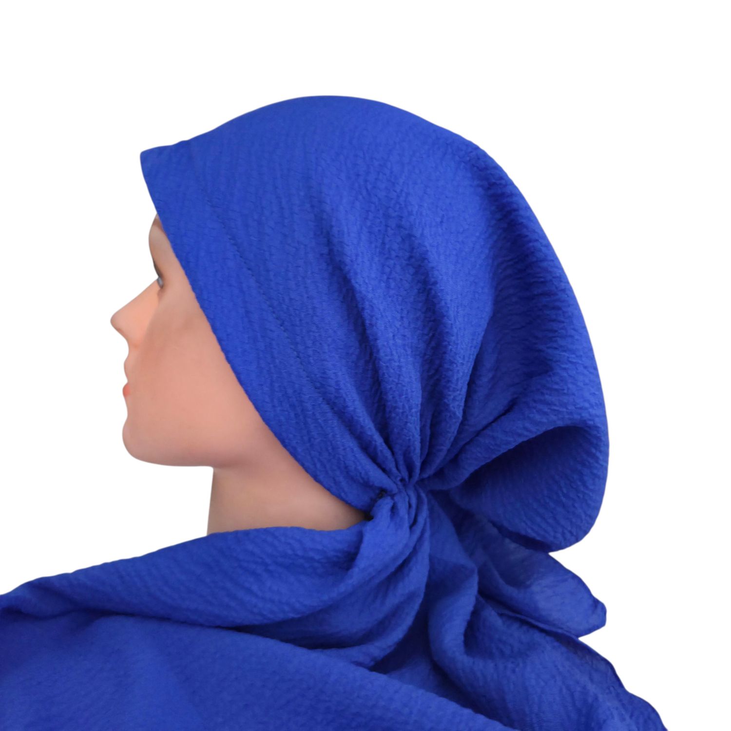Bright blue textured solid pre-tied tichel