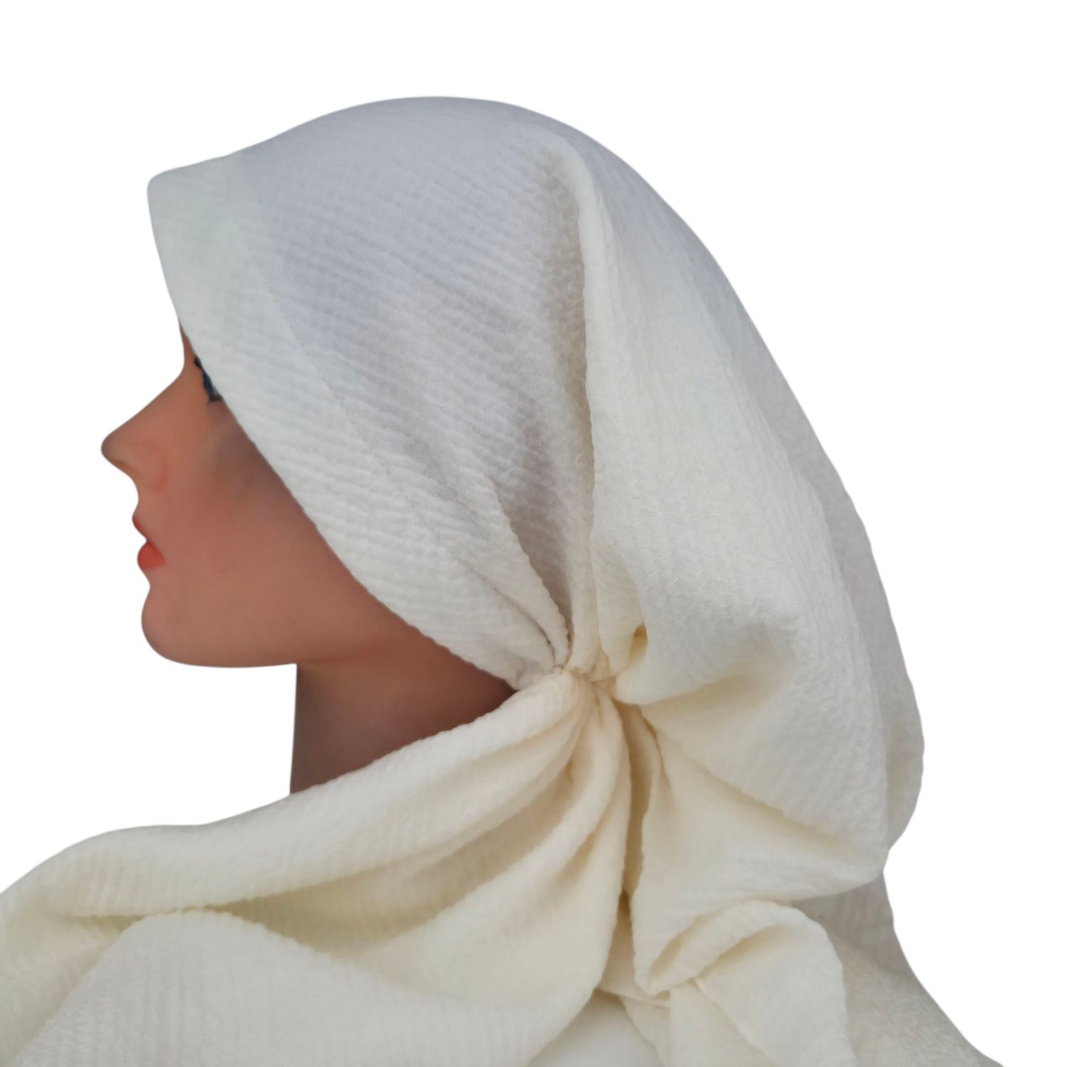 Cream - long kerchief back - textured pretied tichel (BBS) w/band sewn in