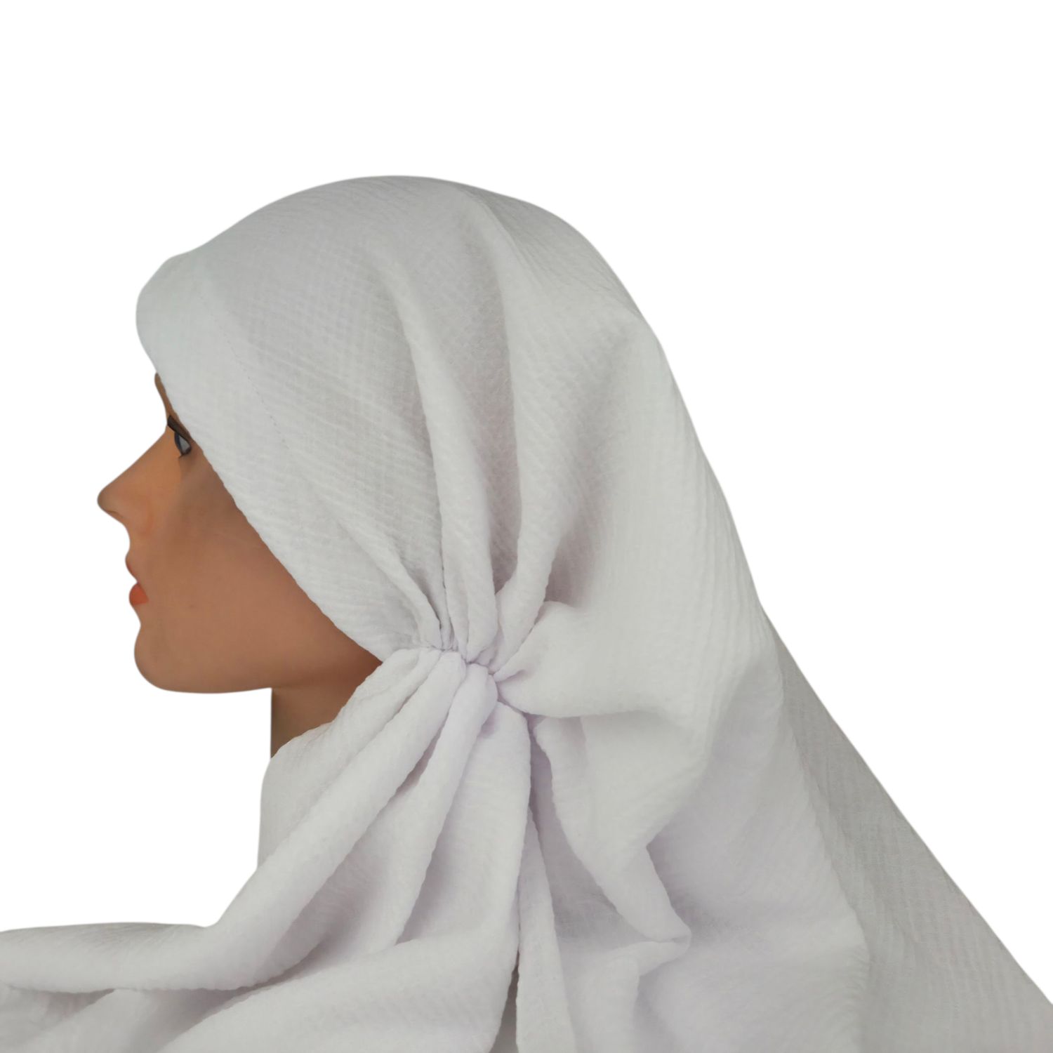 White - long kerchief back - textured pretied tichel (BBS) w/band sewn in