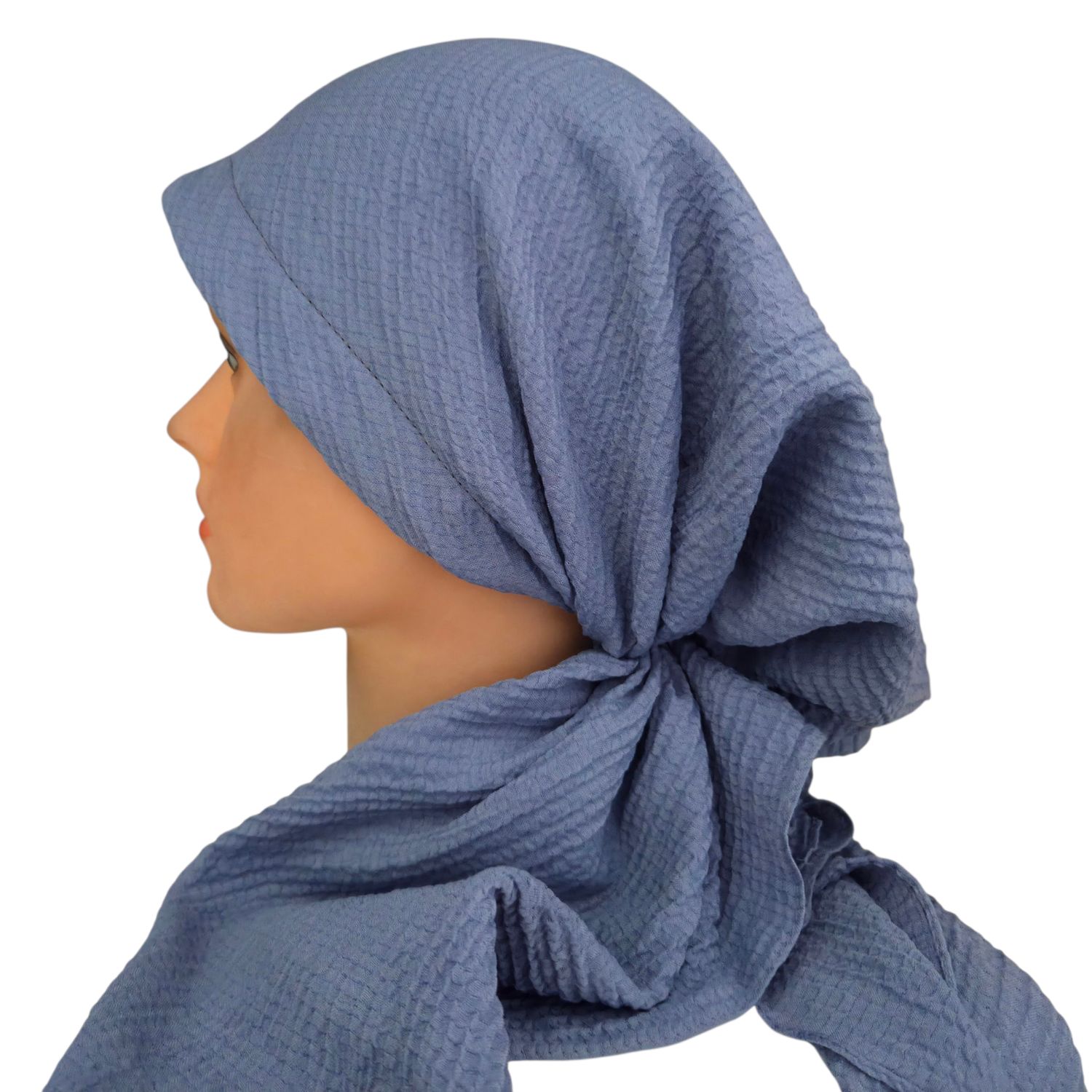 Light denim blue - long kerchief back - textured pretied tichel (BBS) w/band sewn in