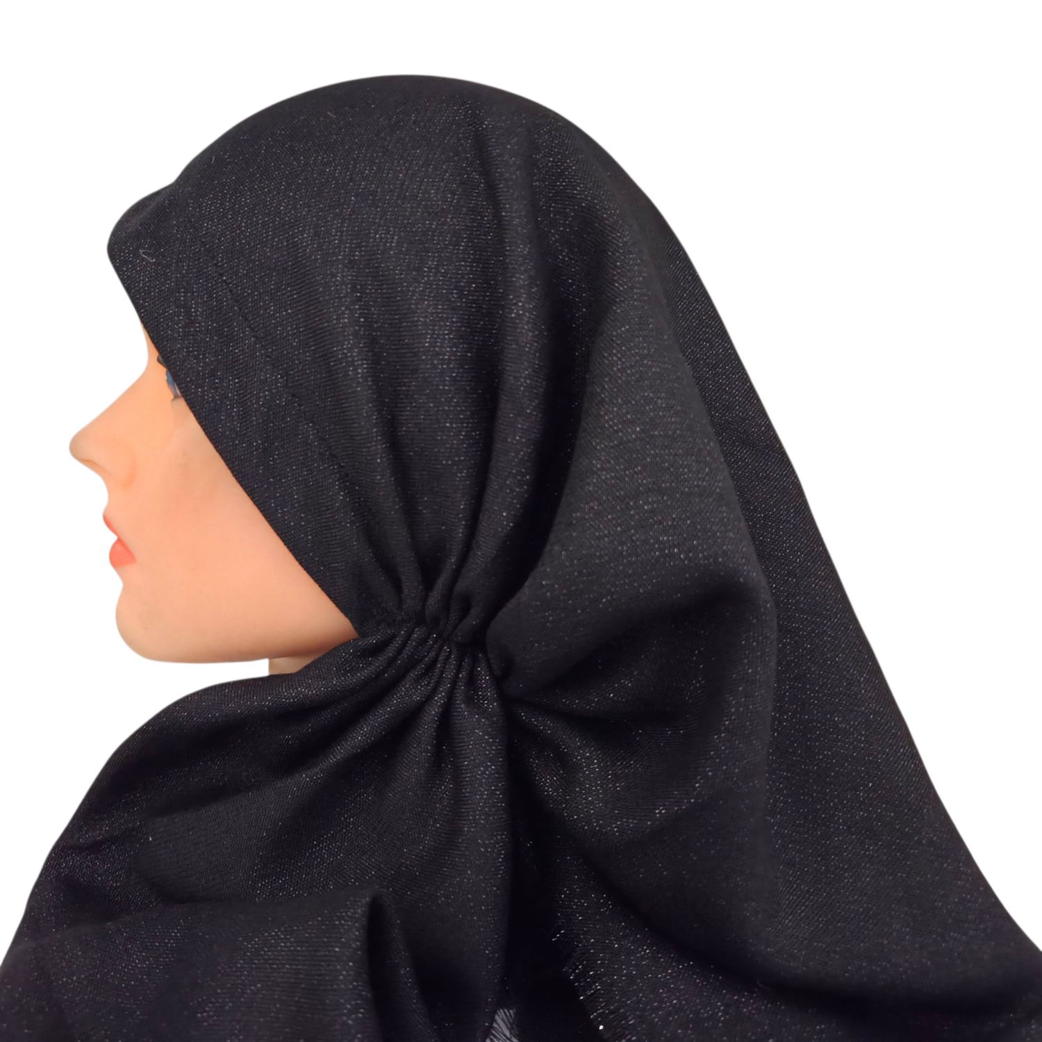 Glittery black- long kerchief back - soft fringes pretied tichel (BBS) w/band sewn in