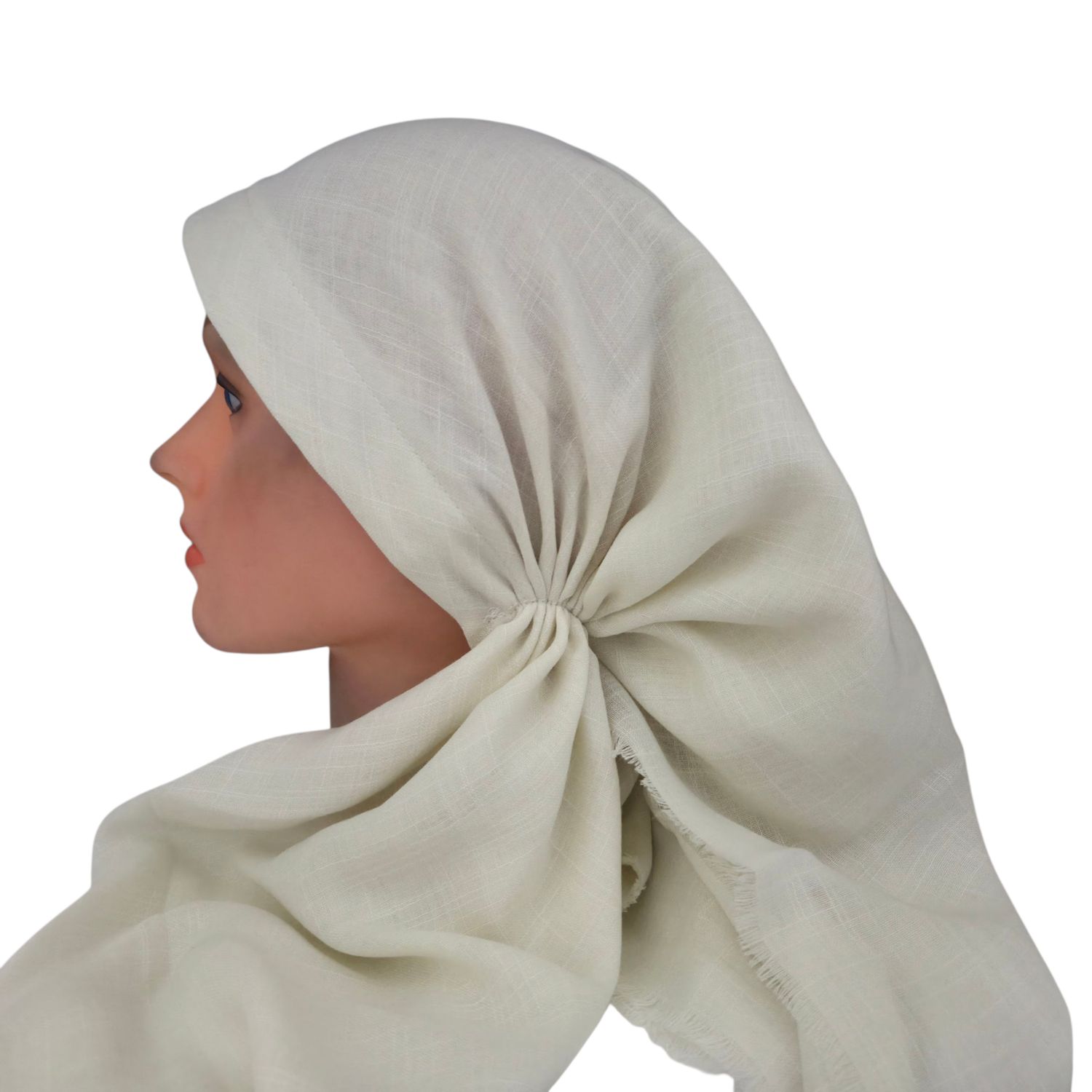 Cream - long kerchief back - soft fringes pretied tichel (BBS) w/band sewn in