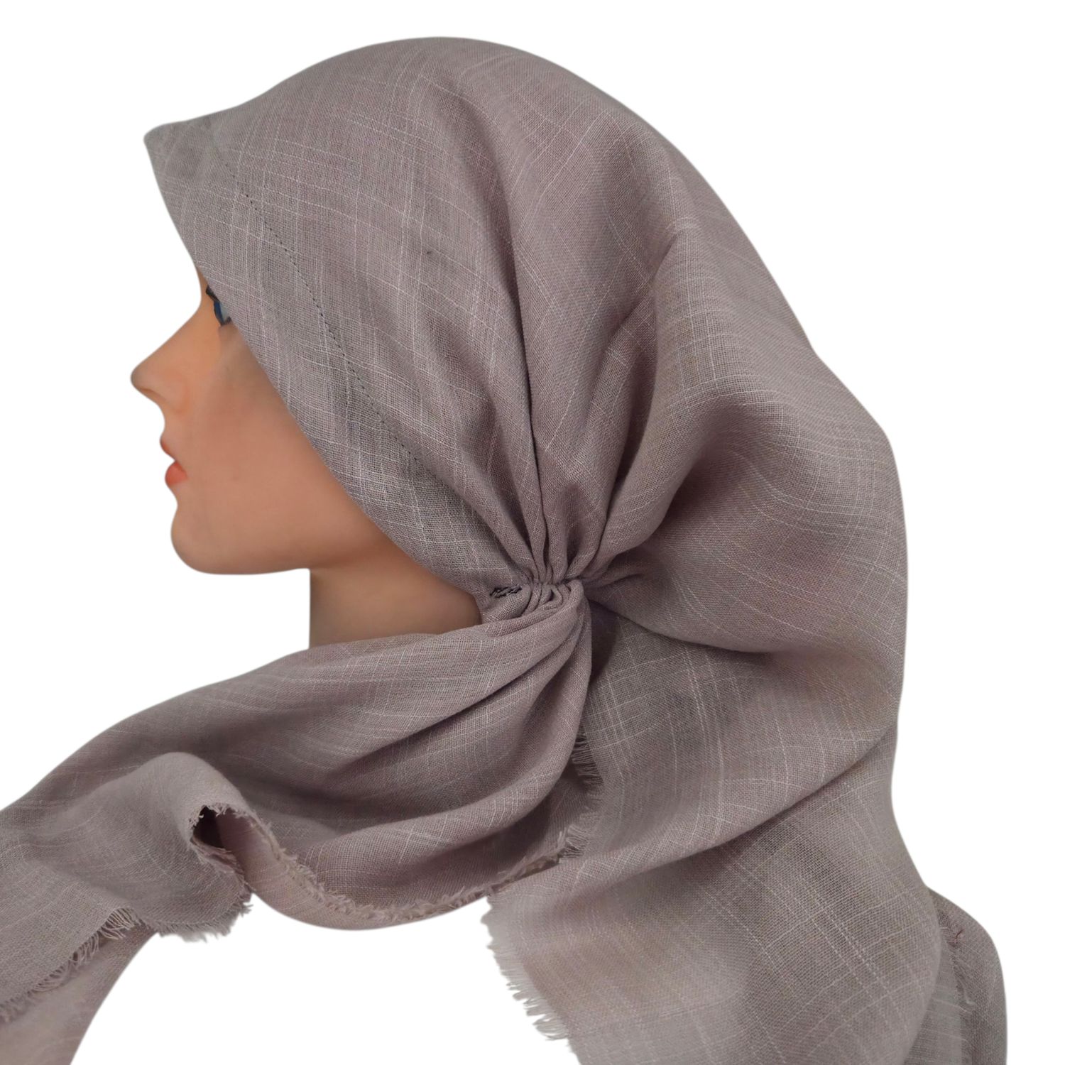 Pinkish tan - long kerchief back - soft fringes pretied tichel (BBS) w/band sewn in