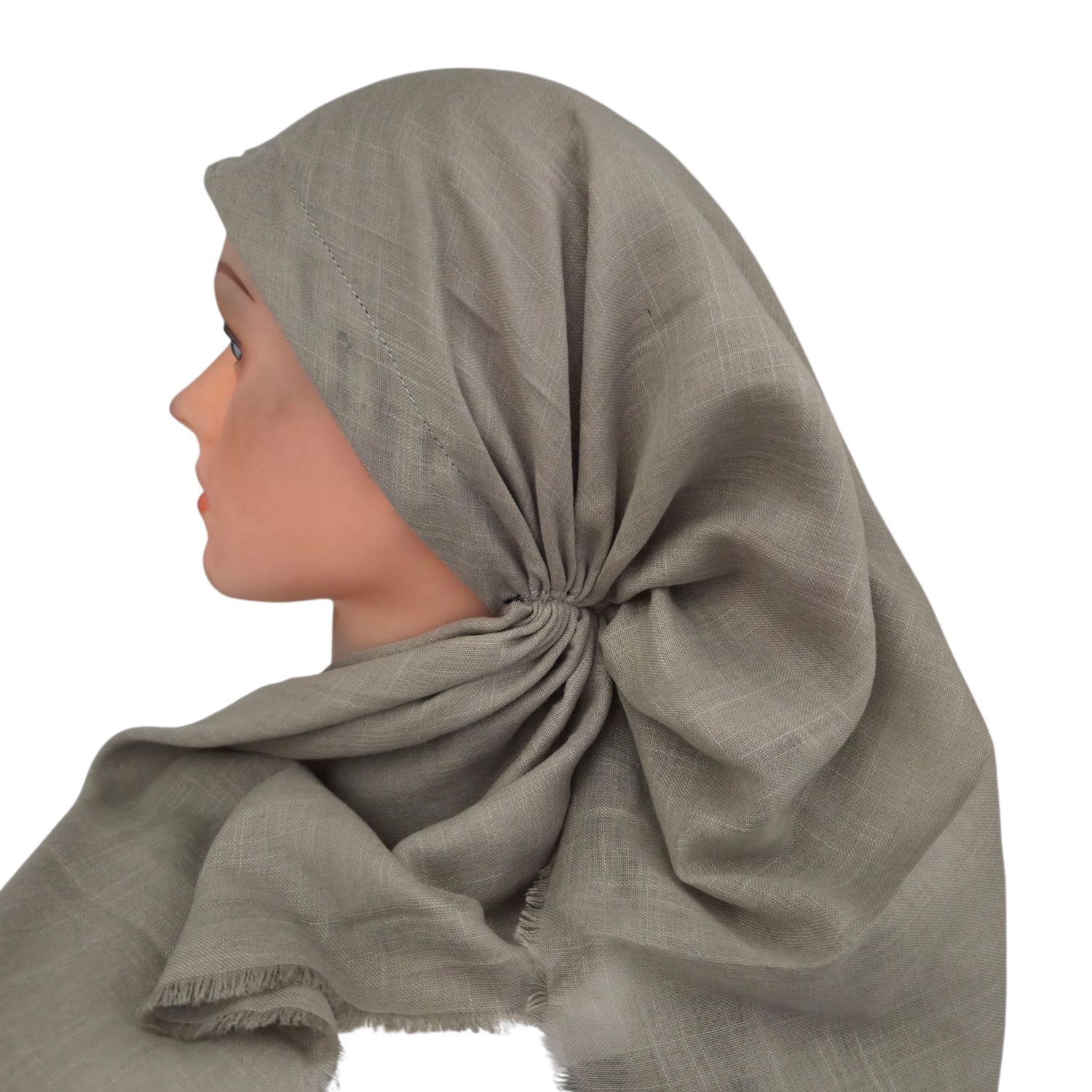 Taupe - long kerchief back - soft fringes pretied tichel (BBS) w/band sewn in