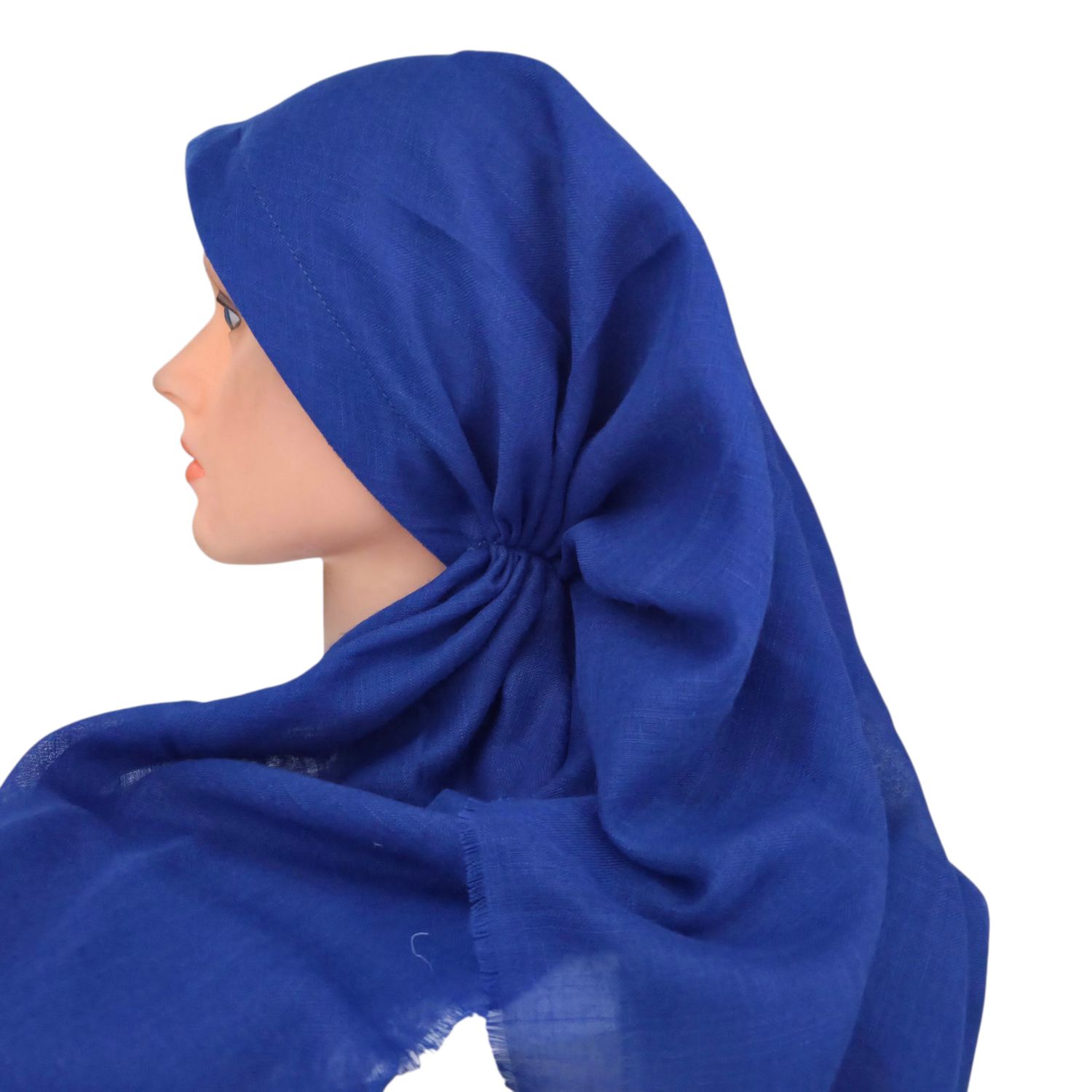 Bright blue - long kerchief back - soft fringes pretied tichel (BBS) w/band sewn in