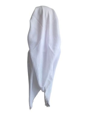 White - long kerchief back - soft fringes pretied tichel (BBS) w/band sewn in