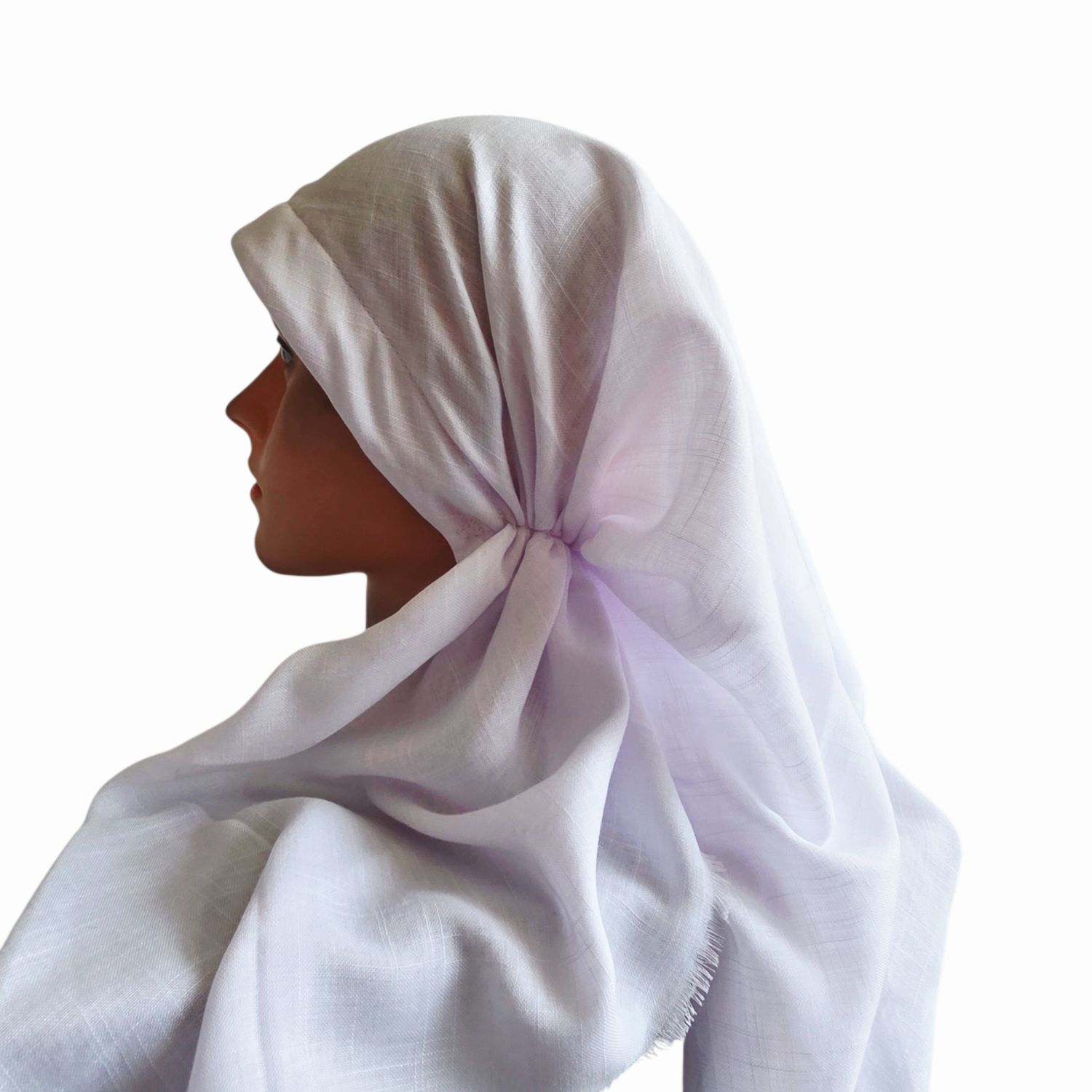 White - long kerchief back - soft fringes pretied tichel (BBS) w/band sewn in