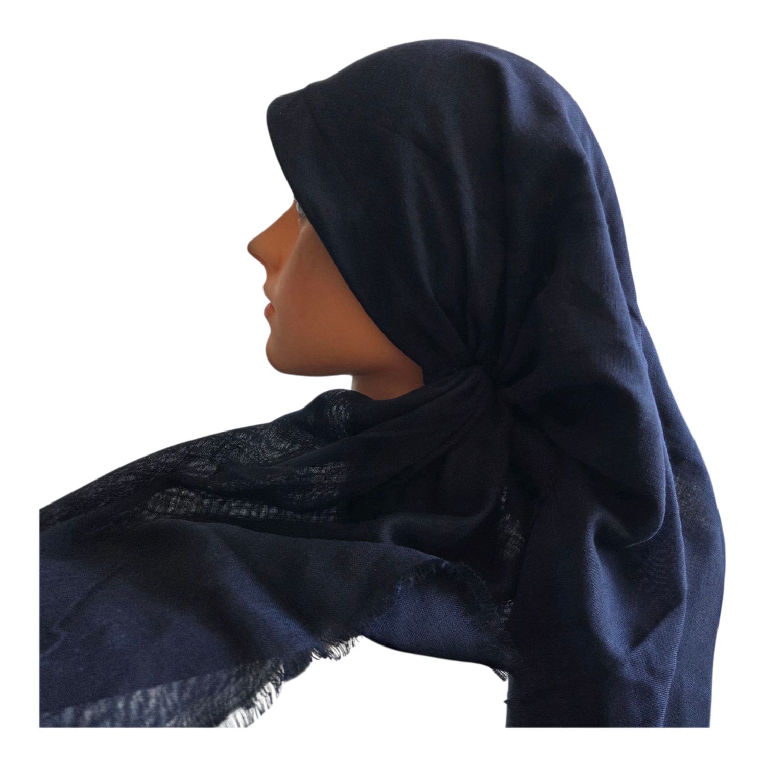Navy solid - long kerchief back - soft fringes pretied tichel (BBS) w/band sewn in