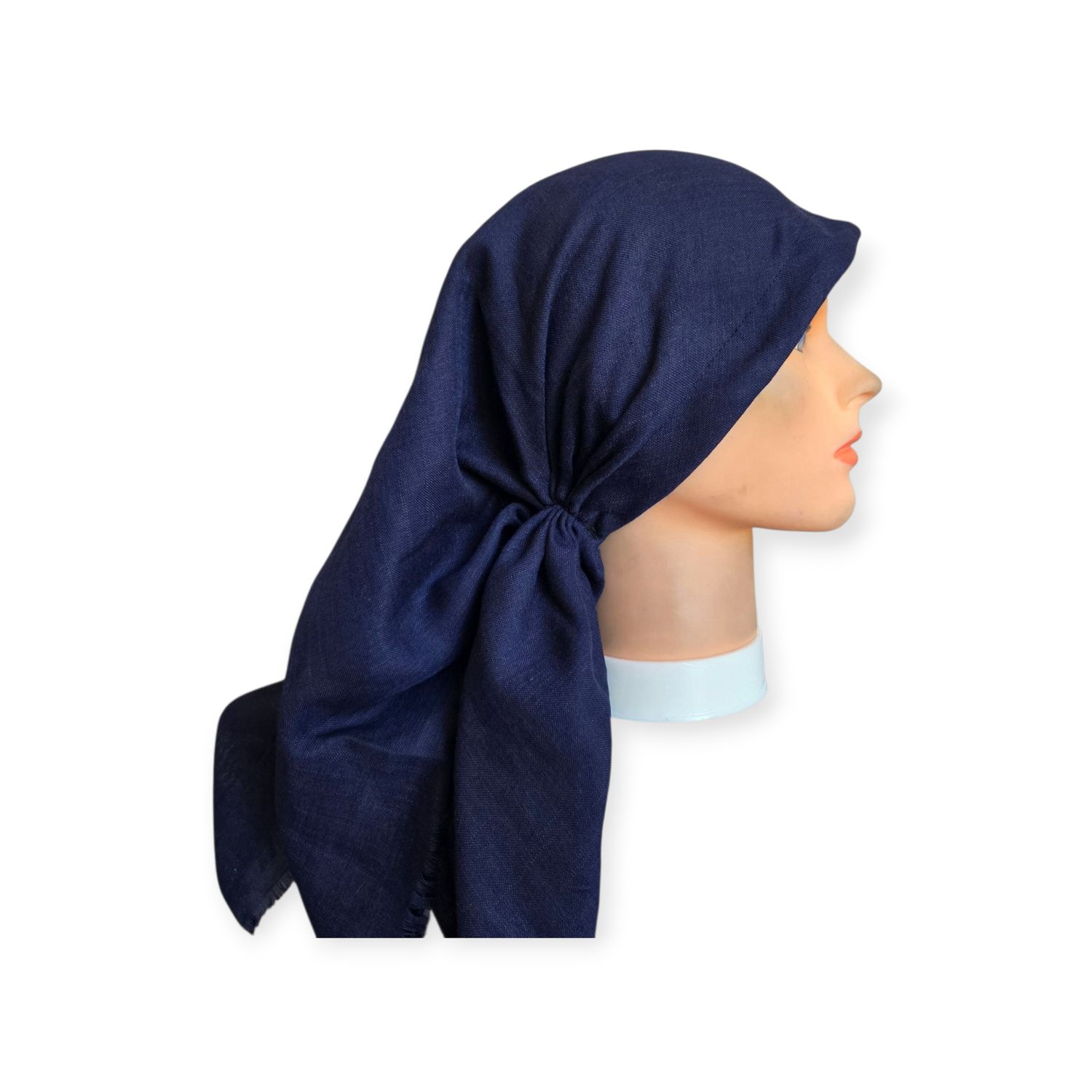 Navy solid - long kerchief back - soft fringes pretied tichel (BBS) w/band sewn in