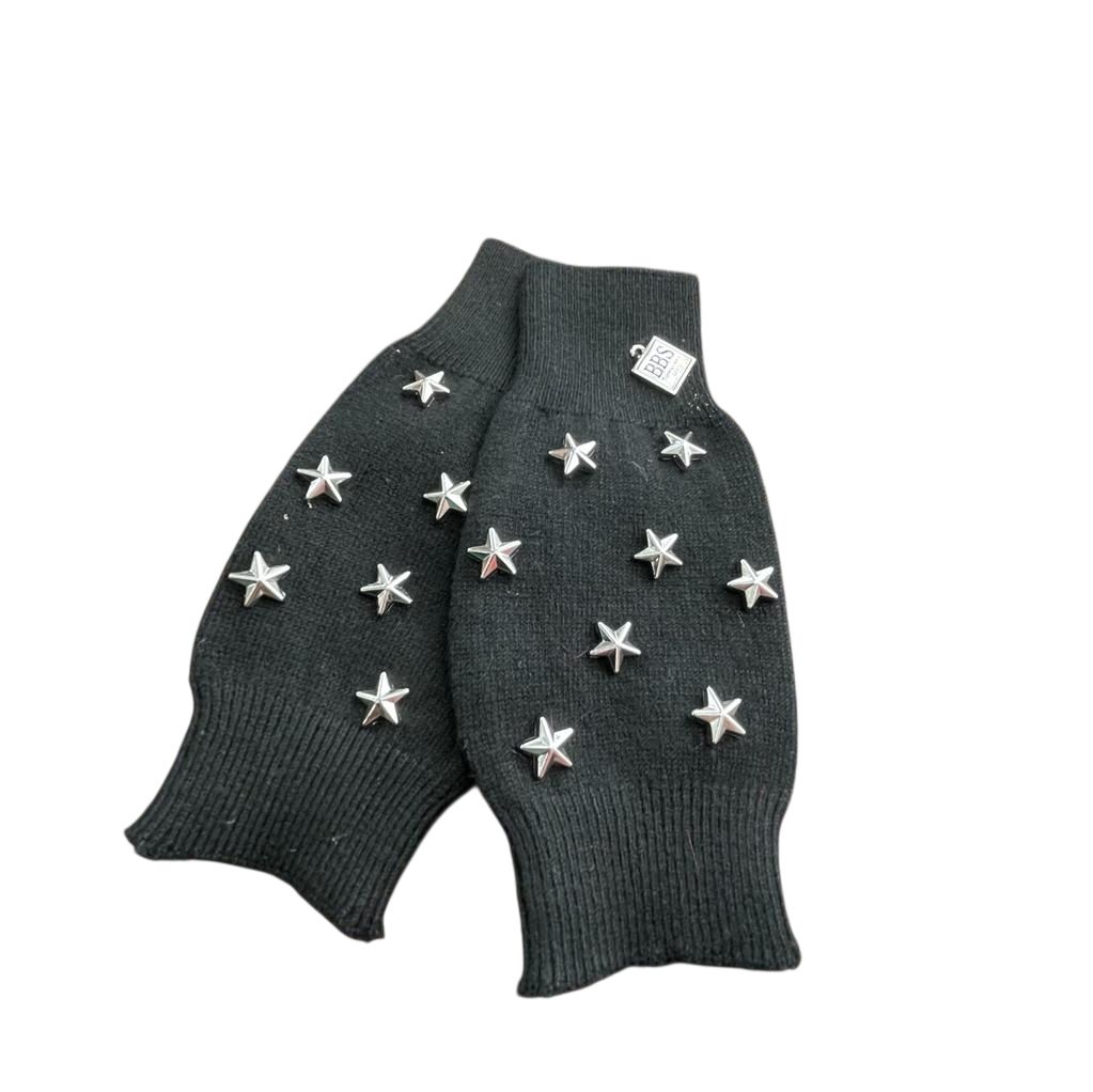 Thin fingerless gloves w/silver stars - black