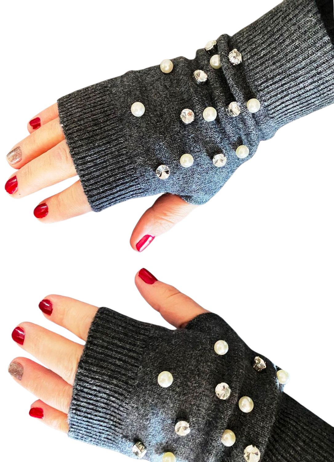 Thin fingerless gloves w/rhinestones and pearls