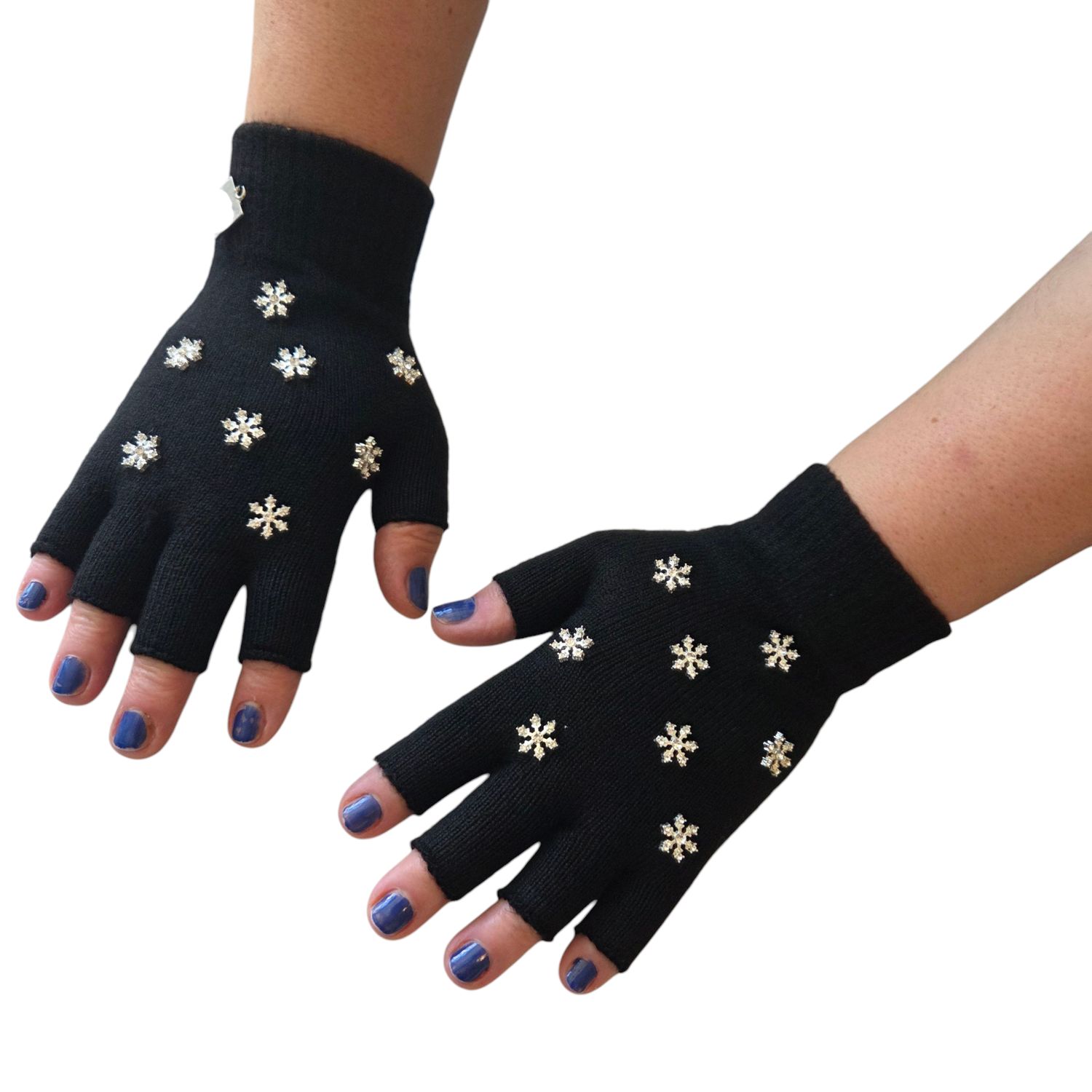 Thin half finger gloves w/sparkling snow flaked - black