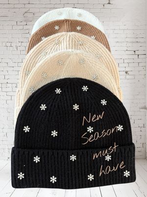 Cozy knit fold -over hat - snowflake  decorated