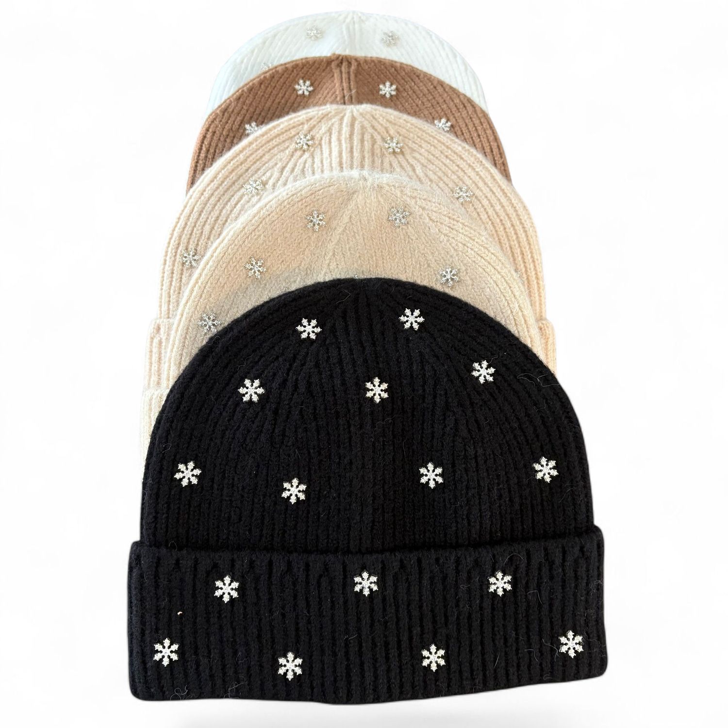 Cozy knit fold -over hat - snowflake  decorated