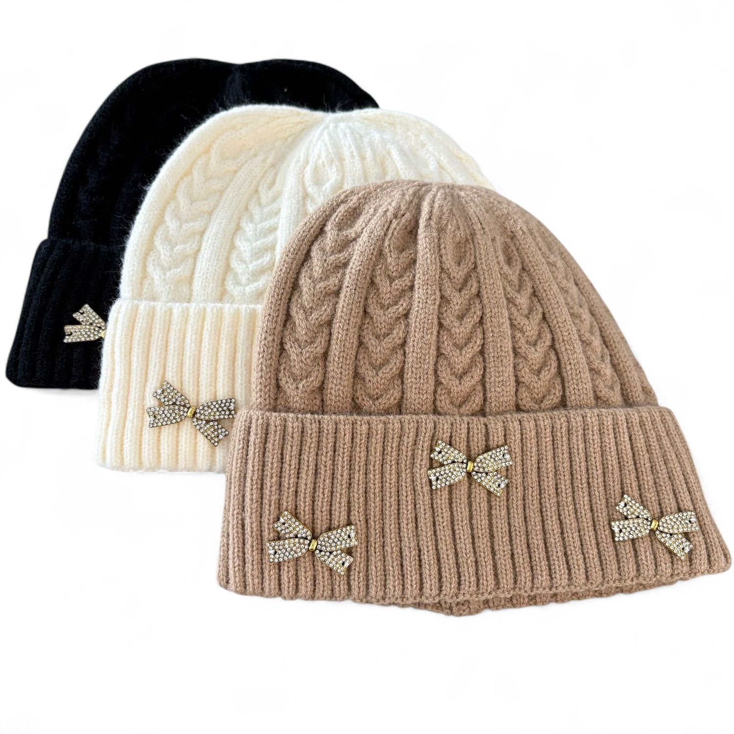 Rhinestone Bow Cable  Knit Fold-Over hats